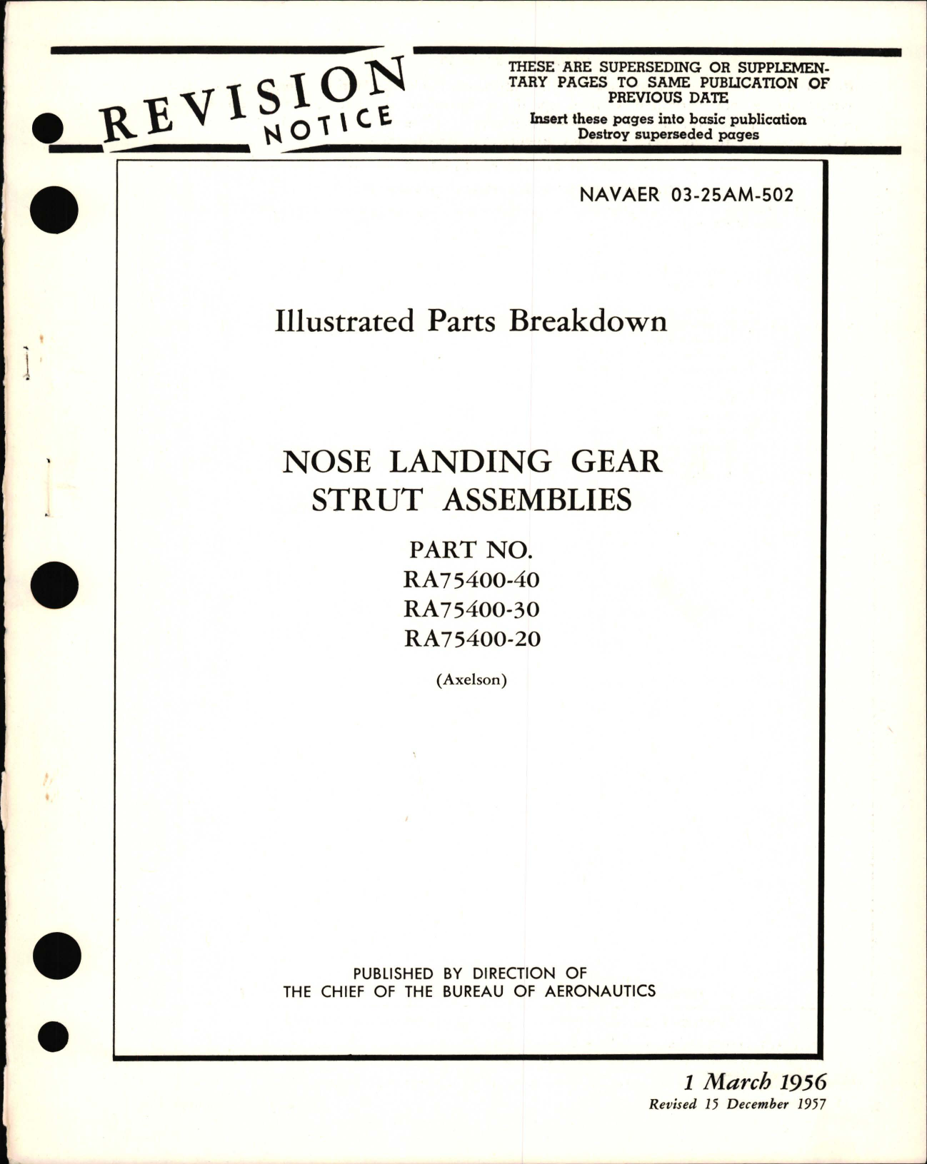 Sample page 1 from AirCorps Library document: Illustrated Parts for Nose Landing Gear Strut Assemblies Part No. RA-75400