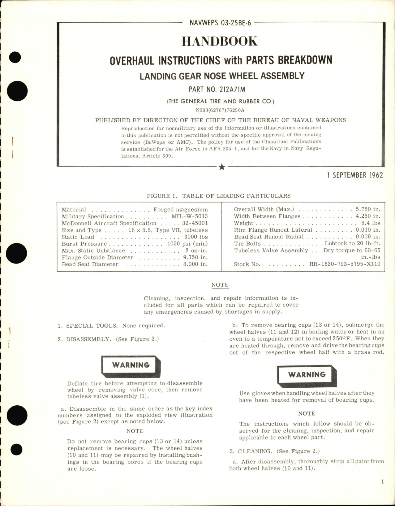 Sample page 1 from AirCorps Library document: Overhaul Instructions with Parts for Landing Gear Nose Wheel, Part No. 212A71M 