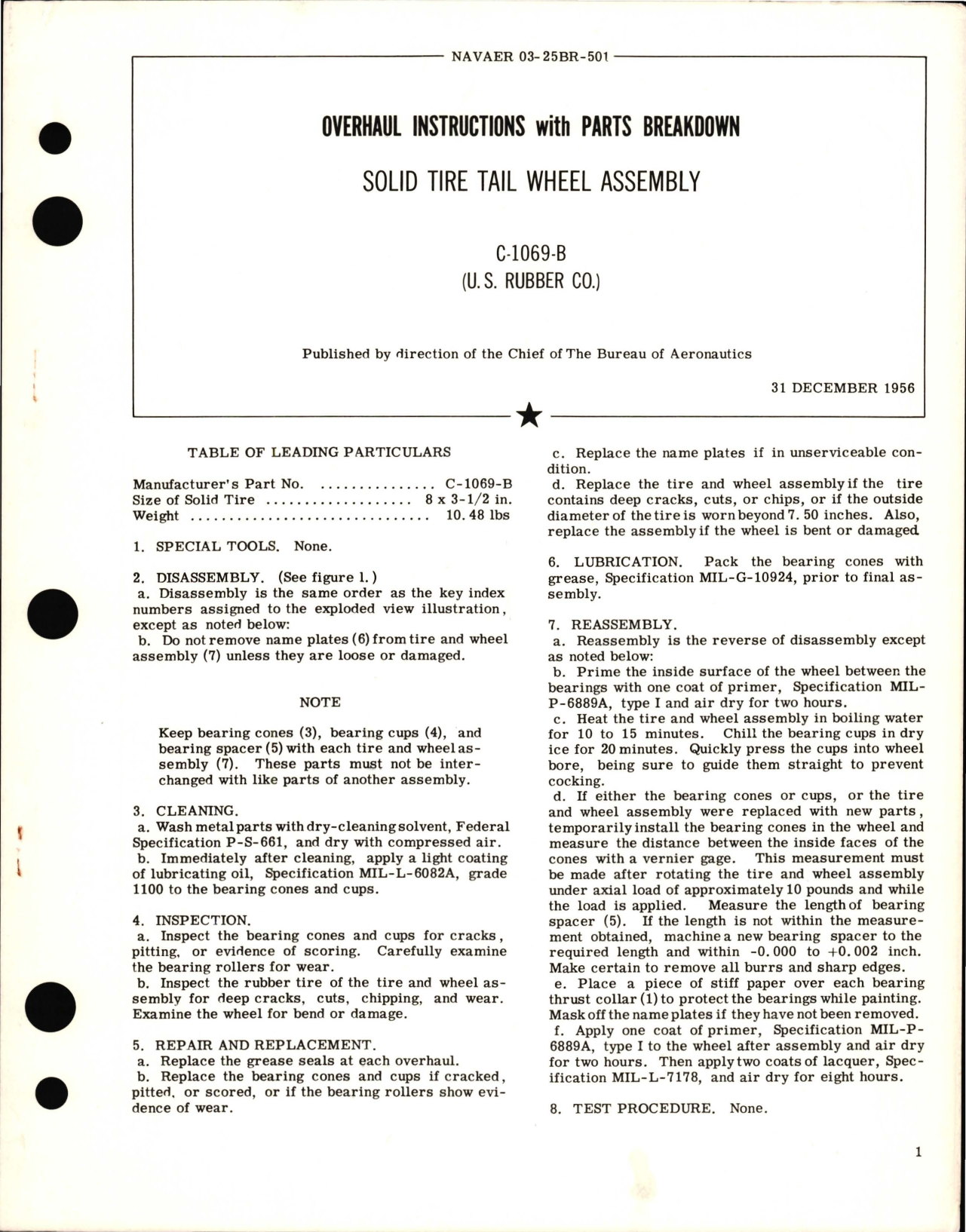 Sample page 1 from AirCorps Library document: Overhaul Instructions with Parts for Solid Tire Tail Wheel Assembly C-1069-B 