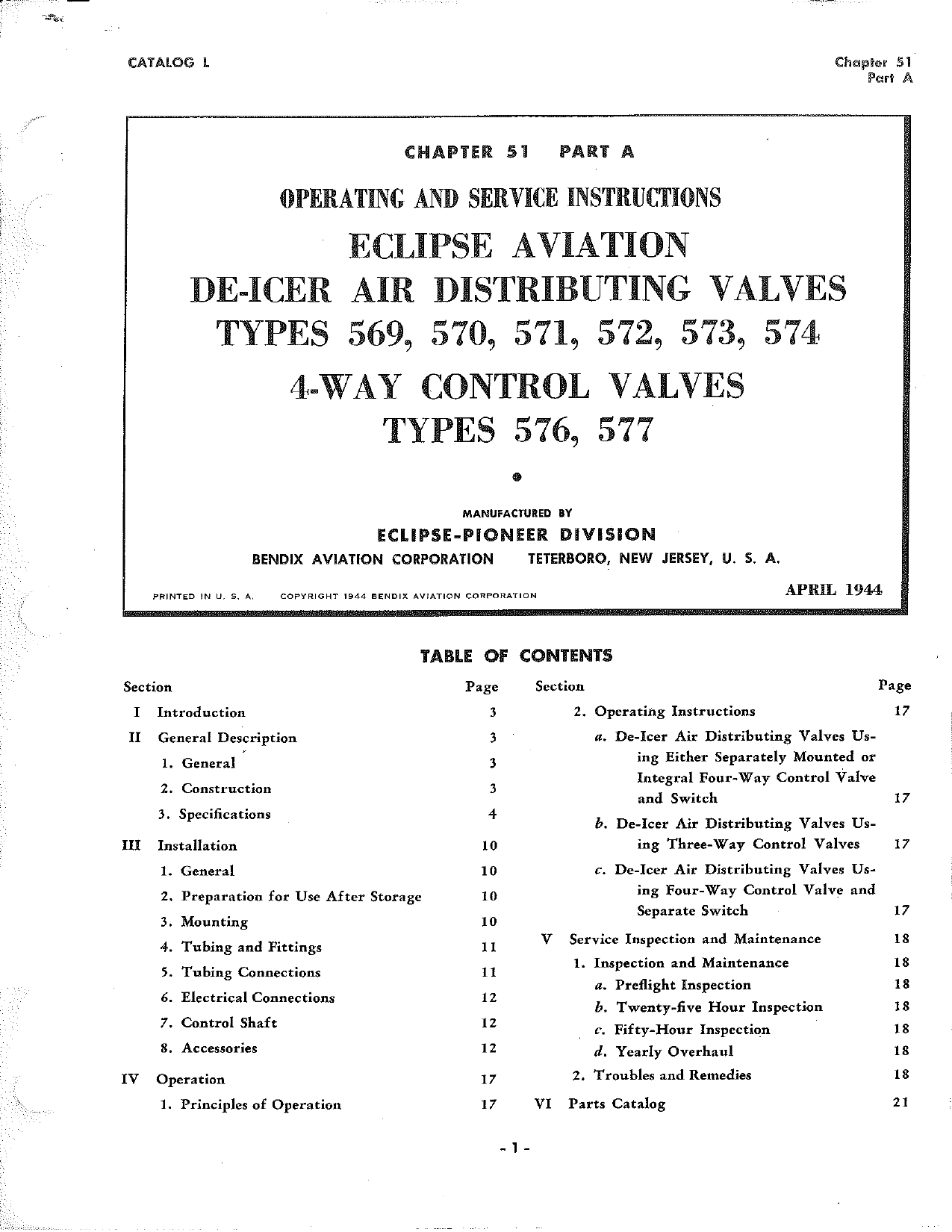 Sample page 1 from AirCorps Library document: Operating and Service Instructions for De-Icer Air Distributing Valves and 4-Way Control Valves
