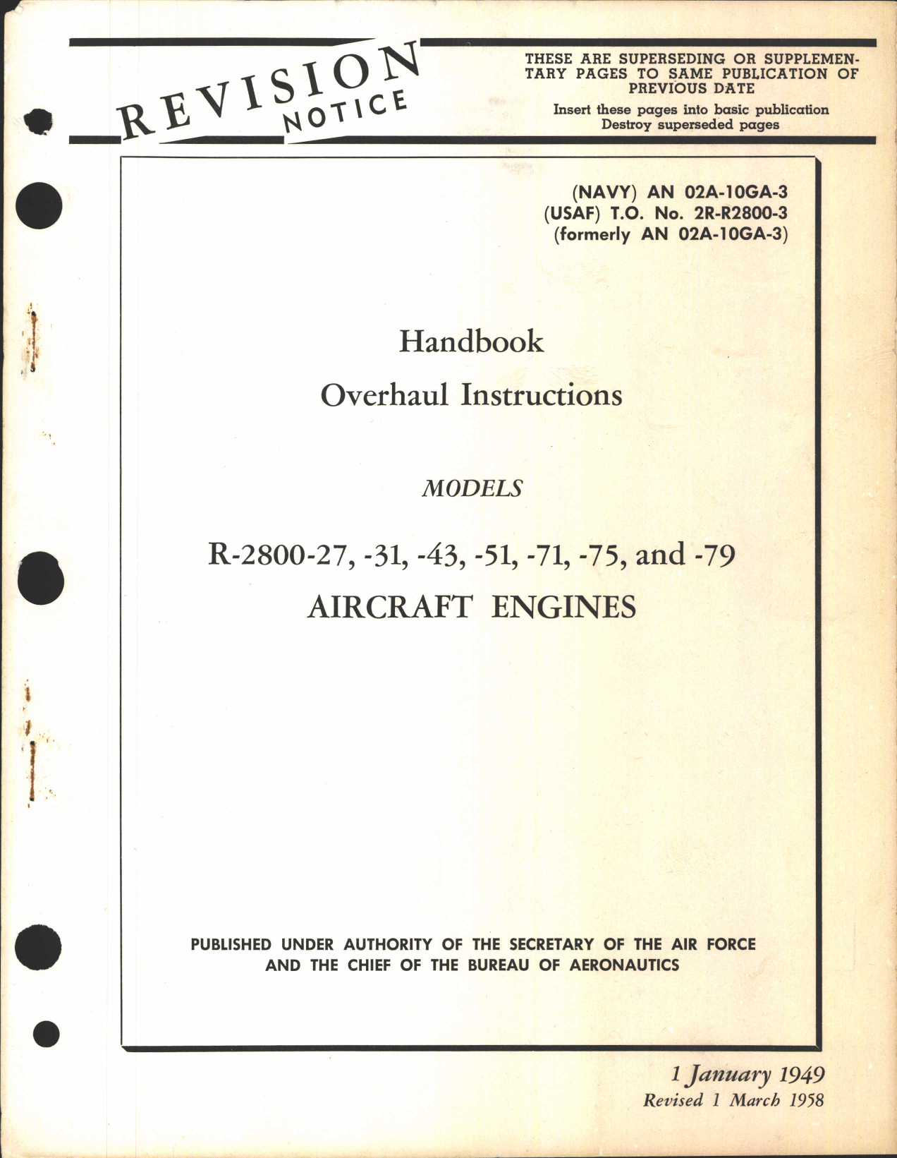 Sample page 1 from AirCorps Library document: Overhaul Instructions for R-2800-27, -31, -43, -51, -71, -75, and -79 Engines