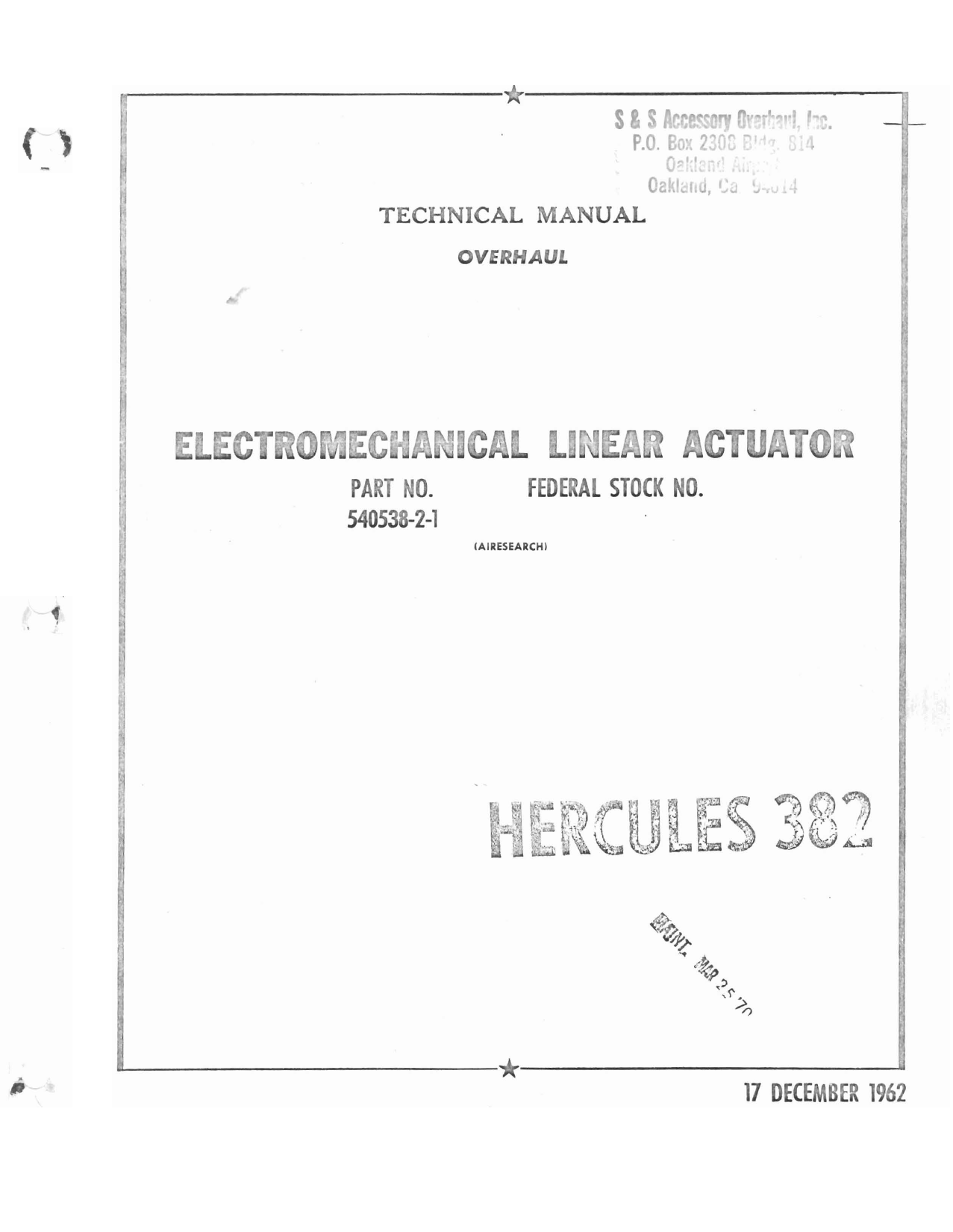 Sample page 1 from AirCorps Library document: Electromechanical Linear Actuator - Parts 540538-2-1 