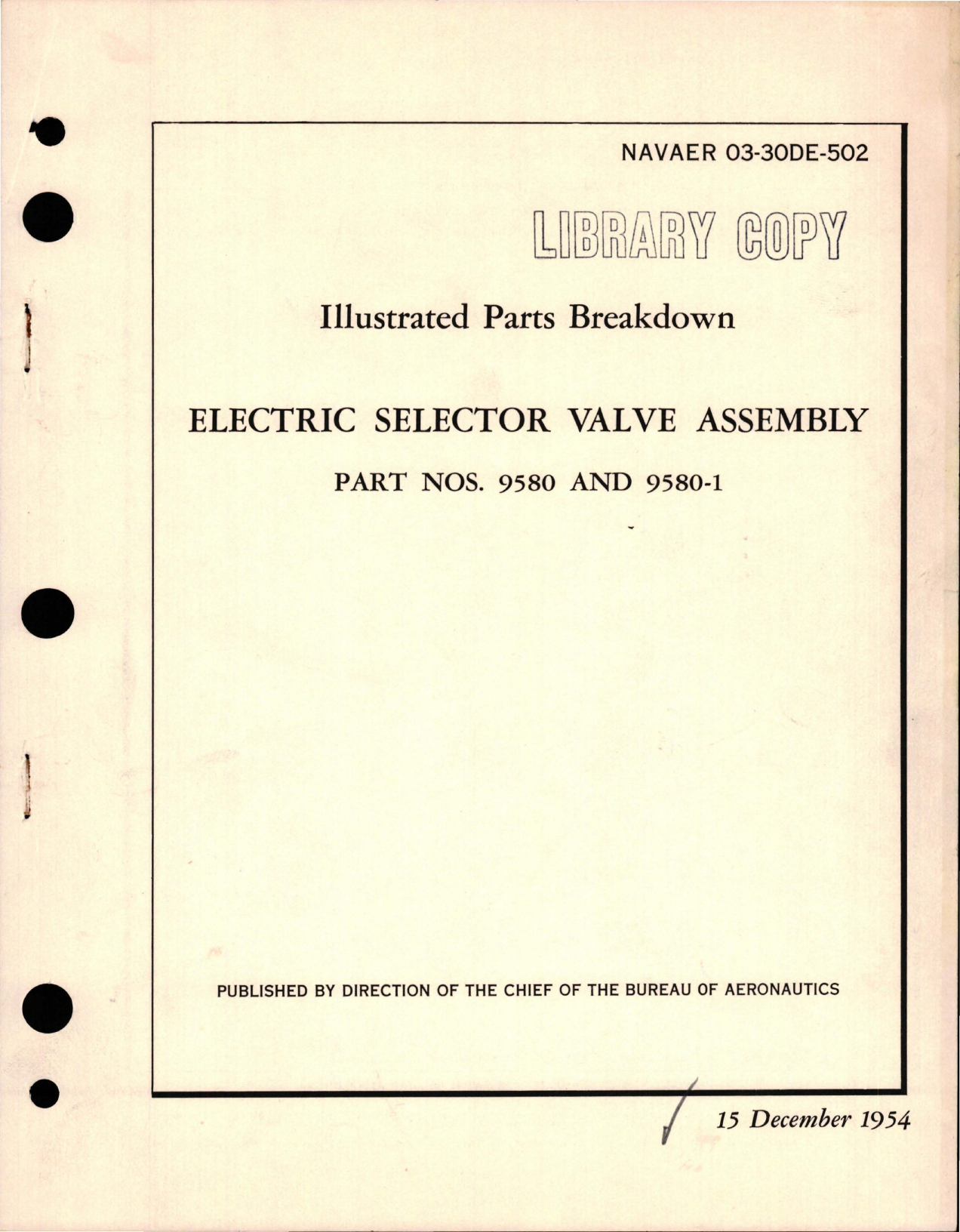 Sample page 1 from AirCorps Library document: Illustrated Parts Breakdown for Electric Selector Valve Assembly - Part 9580 and 9580-1
