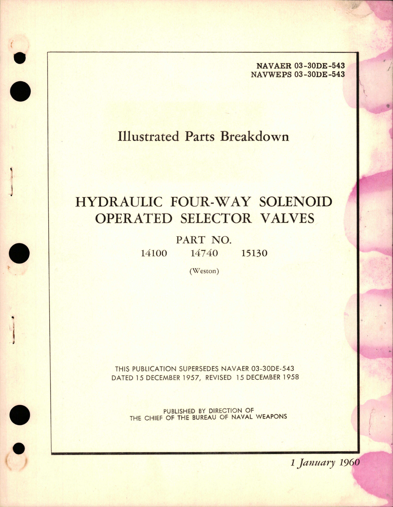 Sample page 1 from AirCorps Library document: Illustrated Parts Breakdown for Hydraulic Four-Way Solenoid Operated Selector Valves - Parts 14100, 14740, and 15130