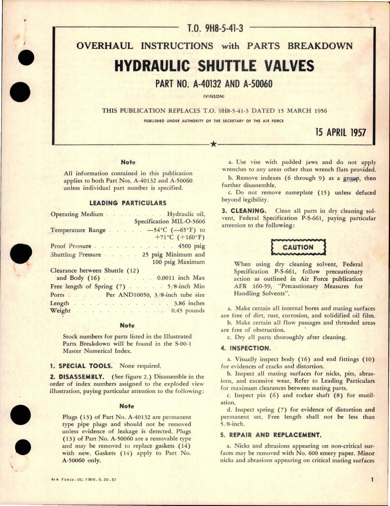 Sample page 1 from AirCorps Library document: Overhaul Instructions with Parts Breakdown for Hydraulic Shuttle Valves - Part A-40132 and A-50060