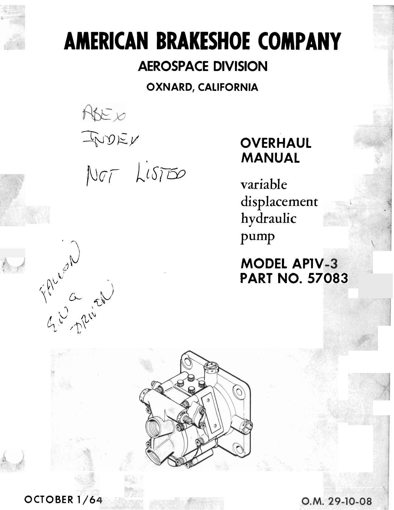 Sample page 1 from AirCorps Library document: Overhaul Manual for Variable Displacement Hydraulic Pump - Model AP1V-3 - Part 57083 
