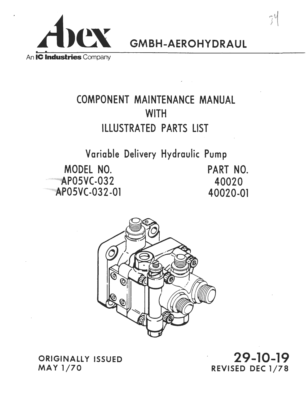 Sample page 1 from AirCorps Library document: Maintenance Manual with Illustrated Parts List for Variable Delivery Hydraulic Pump - Model AP05VC-032 and AP05VC-032-01