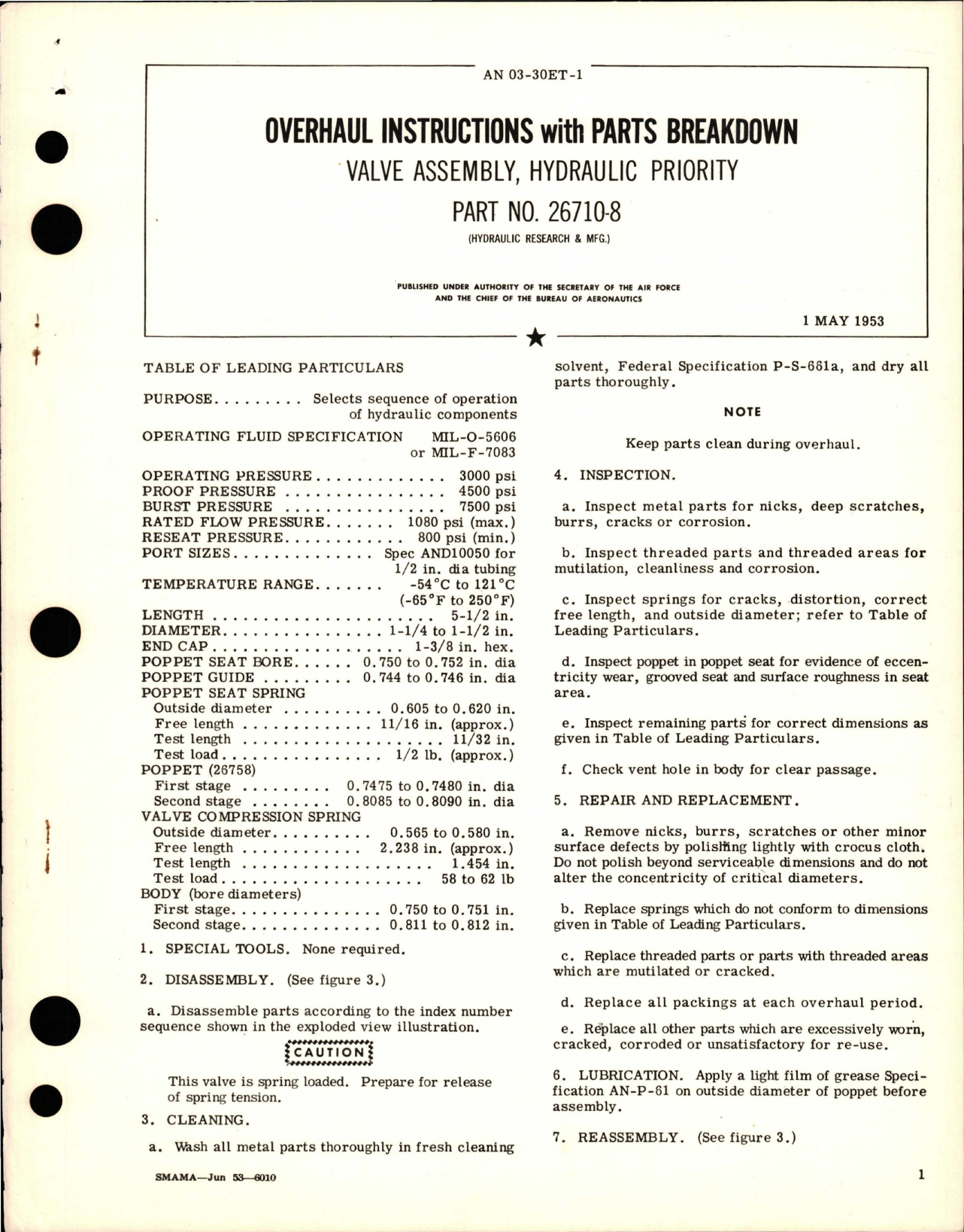 Sample page 1 from AirCorps Library document: Overhaul Instructions w Parts Breakdown for Hydraulic Priority Valve Assembly - Part 26710-8 