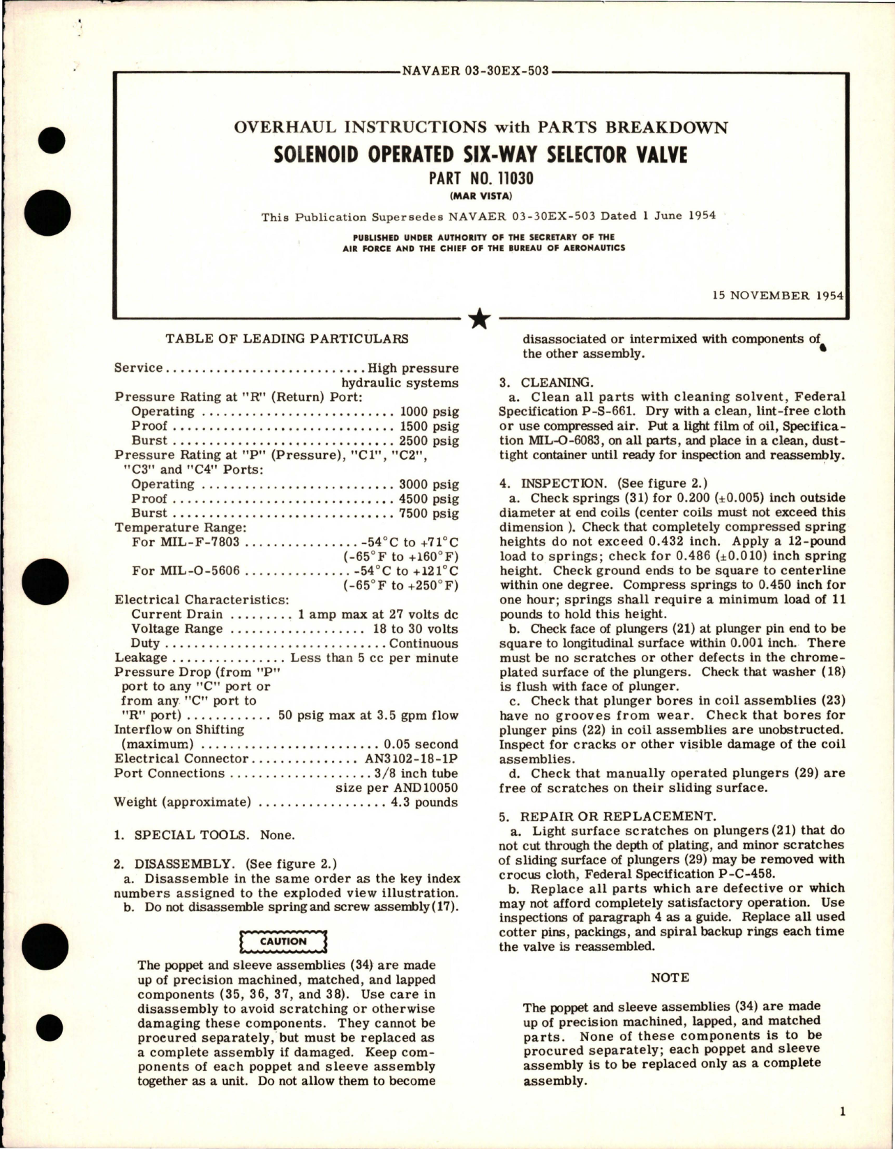 Sample page 1 from AirCorps Library document: Overhaul Instructions with Parts Breakdown for Solenoid Operated Six-Way Selector Valve - Part 11030 