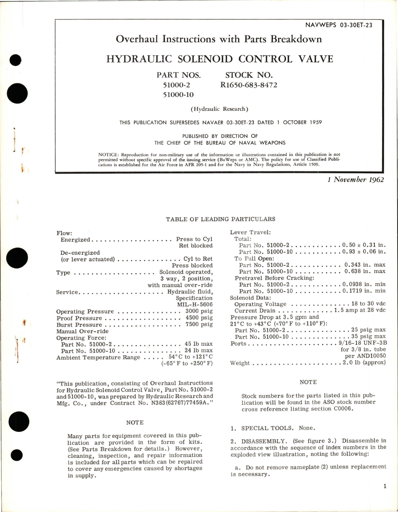 Sample page 1 from AirCorps Library document: Overhaul Instructions with Parts Breakdown for Hydraulic Solenoid Control Valve - Parts 51000-2 and 51000-10