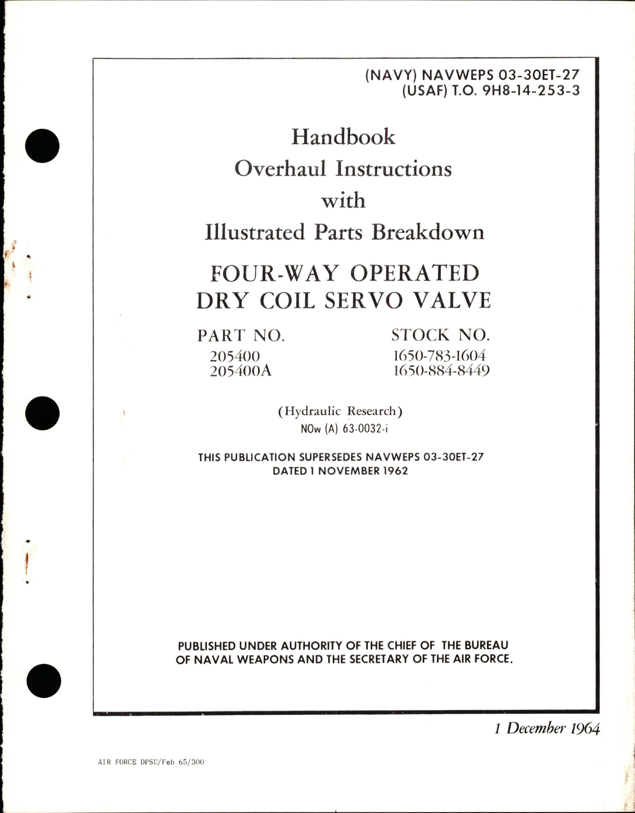 Sample page 1 from AirCorps Library document: Overhaul Instructions with Illustrated Parts for Four-Way Operated Dry Coil Servo Valve - Parts 205400 and 205400A