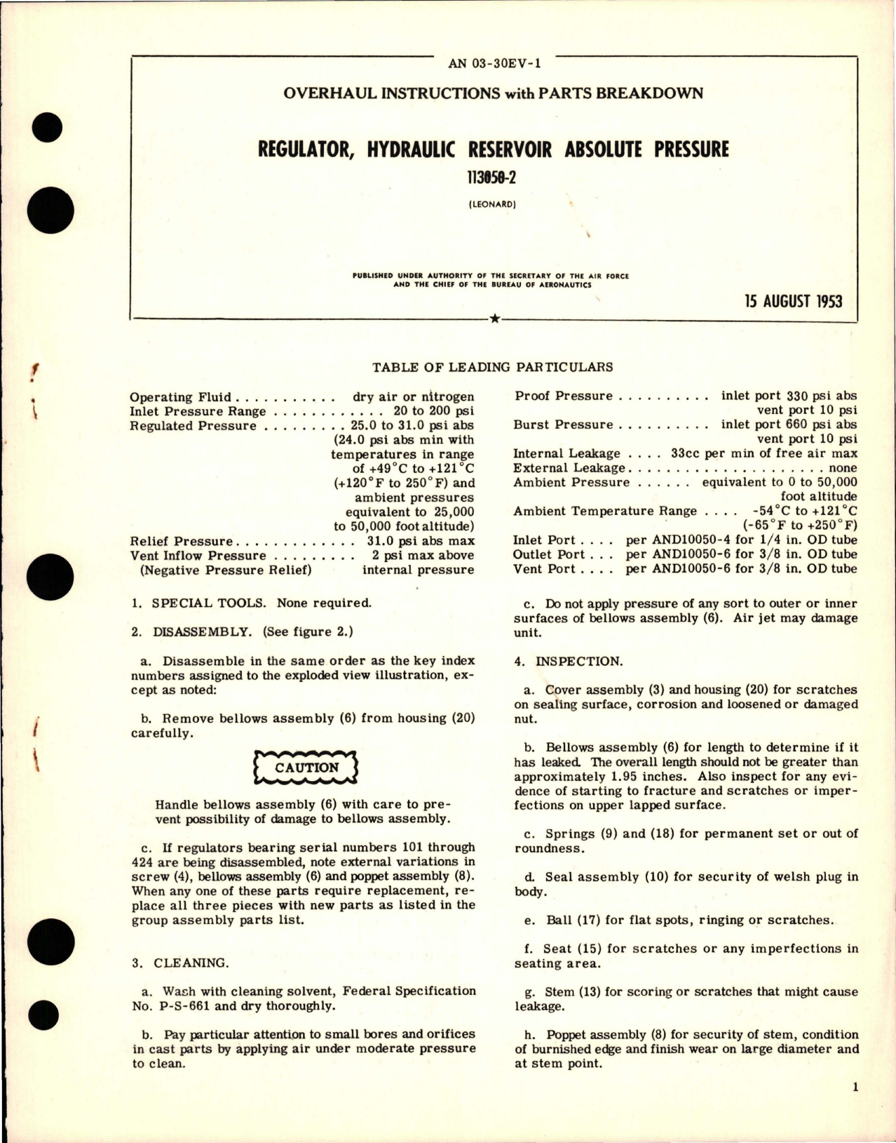 Sample page 1 from AirCorps Library document: Overhaul Instructions with Parts Breakdown for Hydraulic Reservoir Absolute Pressure Regulator - 113050-2 