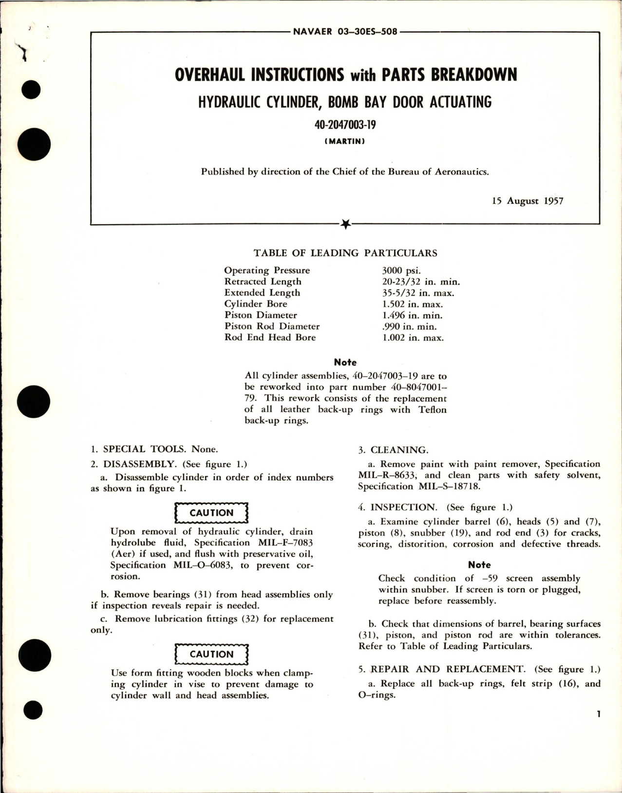 Sample page 1 from AirCorps Library document: Overhaul Instructions with Parts Breakdown for Bomb Bay Door Actuating Hydraulic Cylinder - 40-2047003-9 