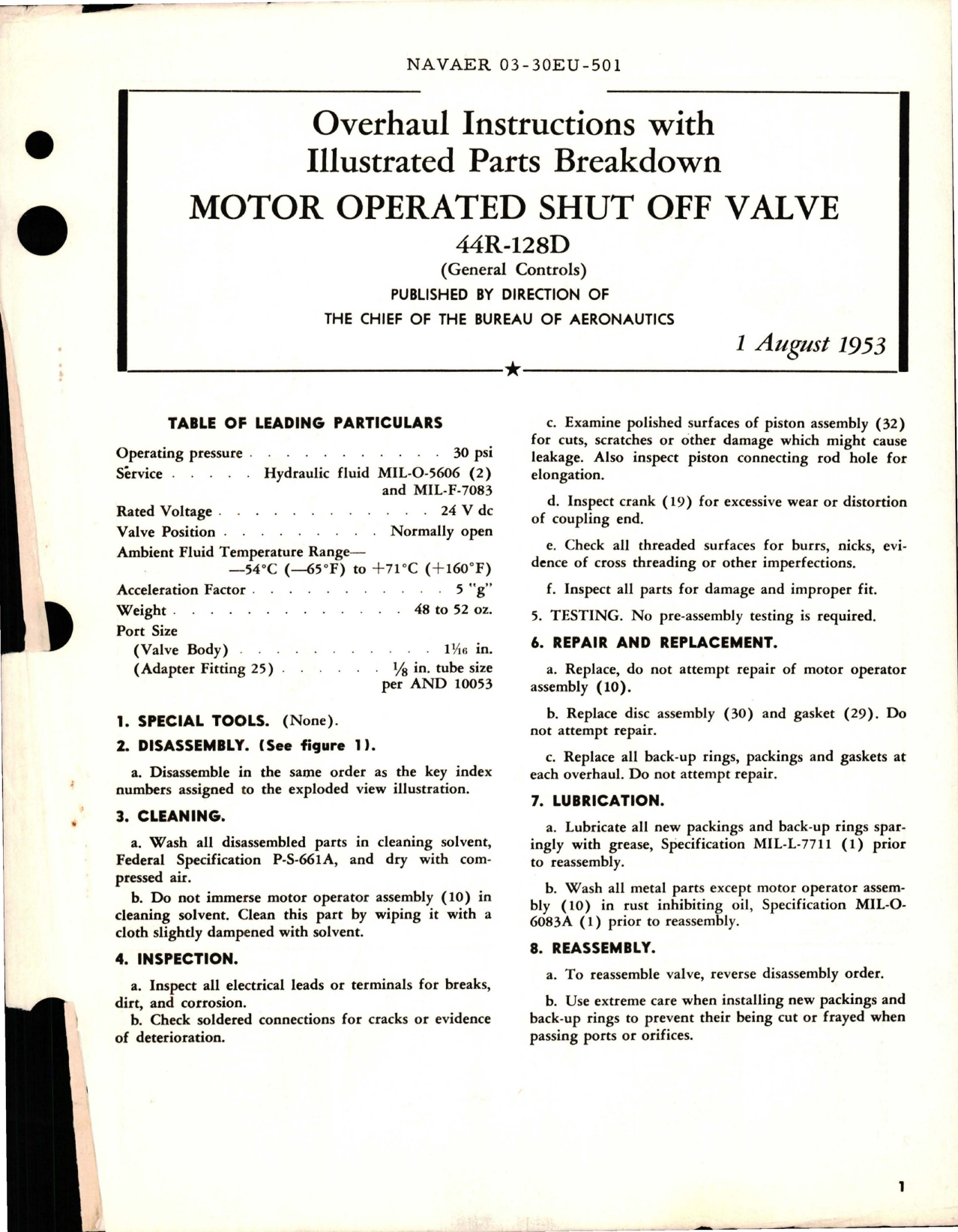 Sample page 1 from AirCorps Library document: Overhaul Instructions with Illustrated Parts Breakdown for Motor Operated Shut Off Valve - 44R-128D 