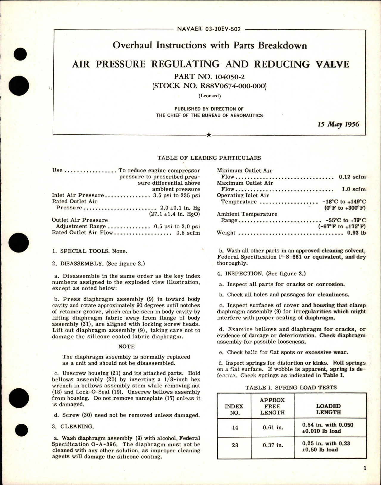Sample page 1 from AirCorps Library document: Overhaul Instructions with Parts Breakdown for Air Pressure Regulating & Reducing Valve - Part 104050-2