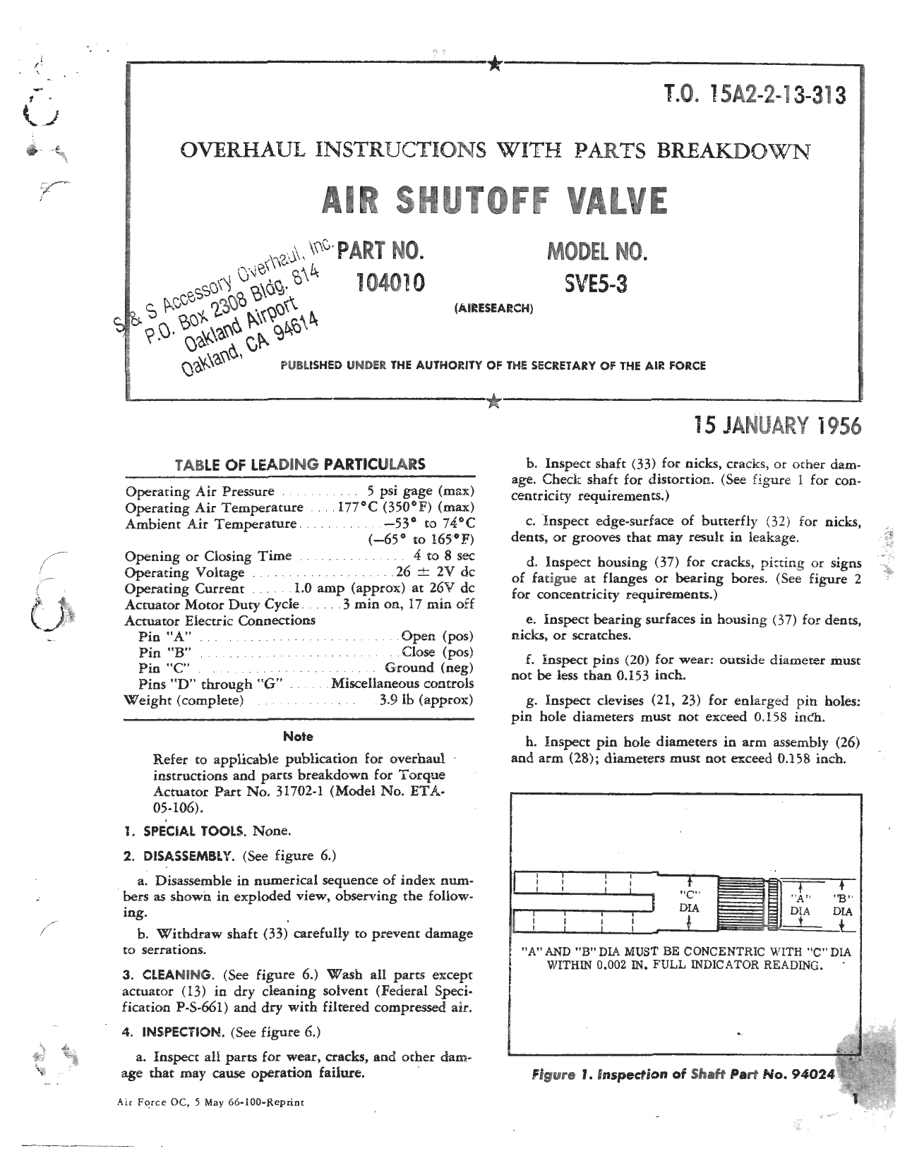 Sample page 1 from AirCorps Library document: Overhaul Instructions with Parts Breakdown for Air Shutoff Valve - Part 104010 - Model SVE5-3