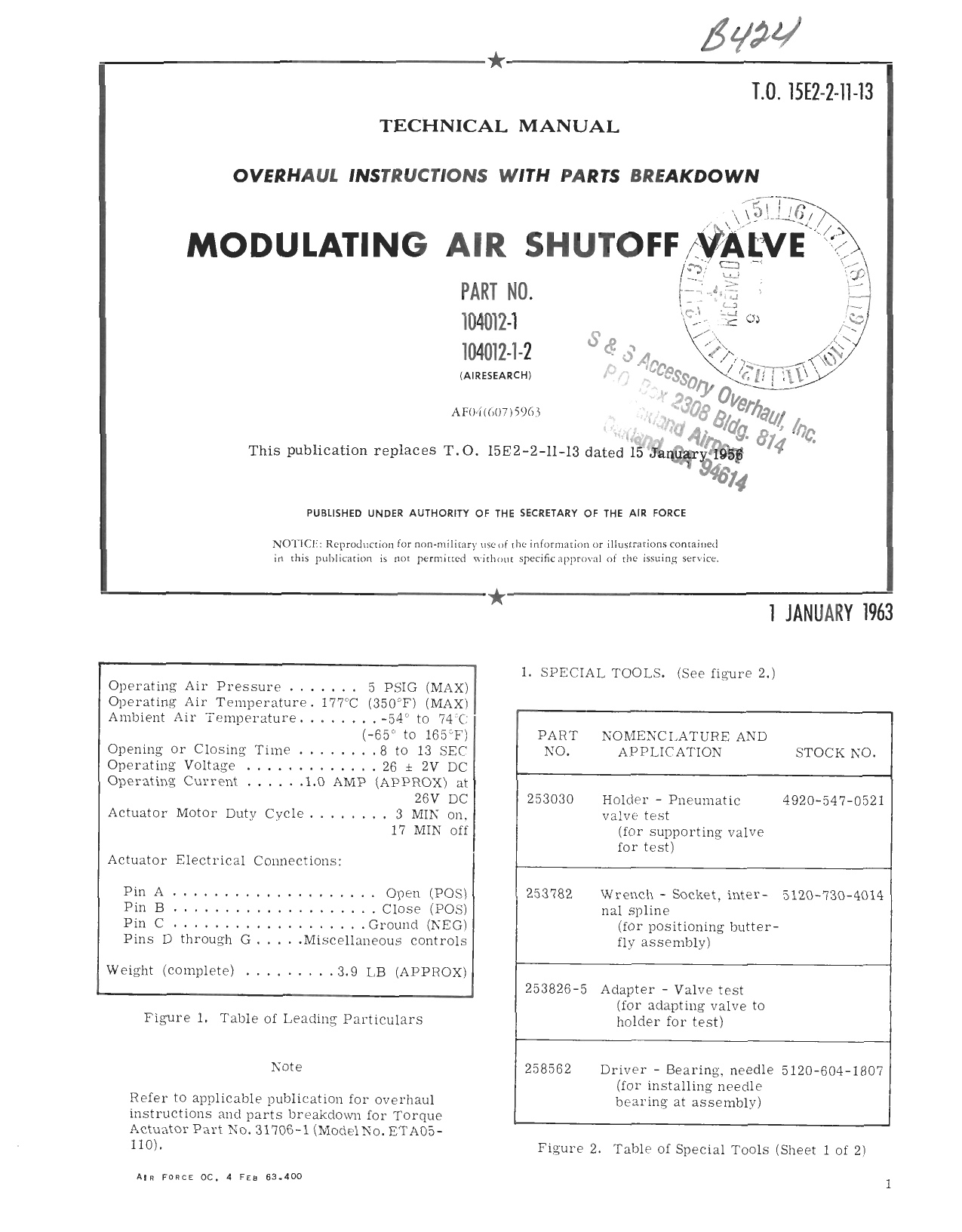 Sample page 1 from AirCorps Library document: Overhaul Instructions with Parts Breakdown for Modulating Air Shutoff Valve - Parts 104012-1 and 104012-1-2