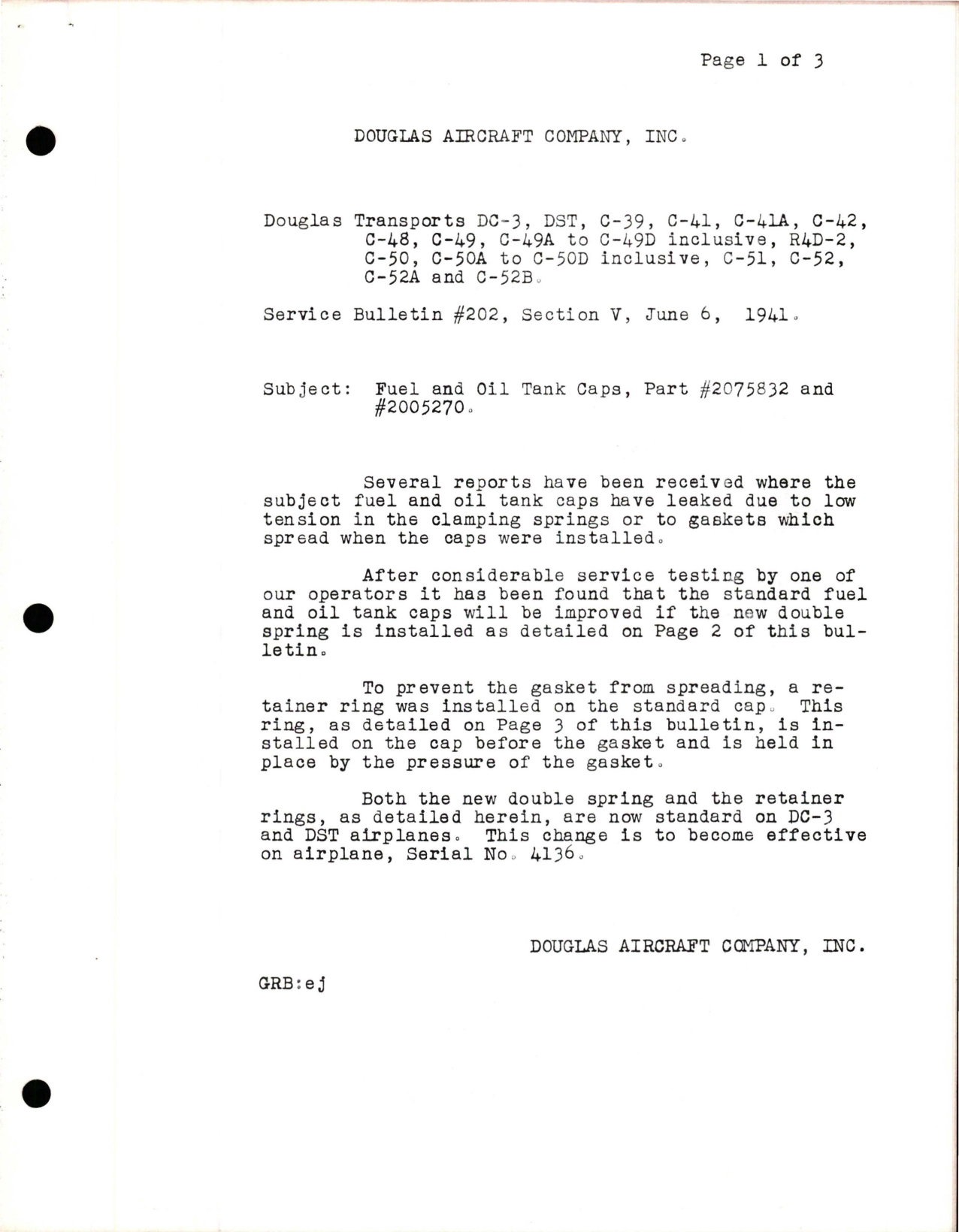 Sample page 1 from AirCorps Library document: Fuel and Oil Tank Caps - Part 2075832 and 2005270