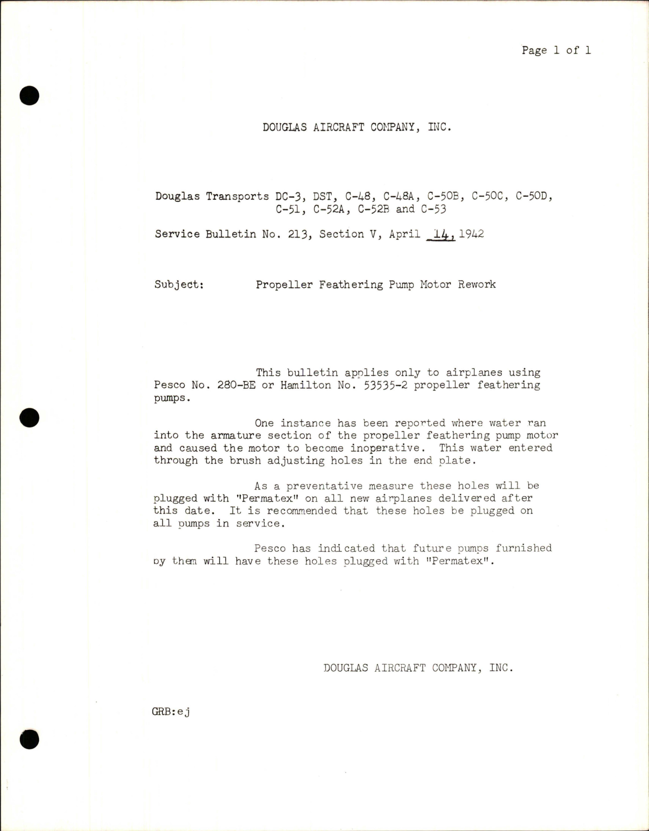Sample page 1 from AirCorps Library document: Propeller Feathering Pump Motor Rework