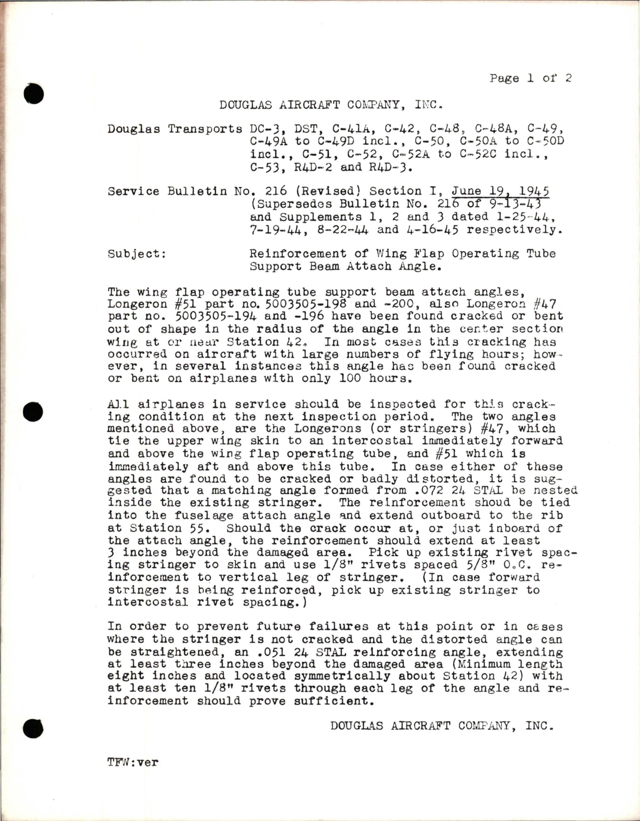 Sample page 1 from AirCorps Library document: Reinforcement of Wing Flap Operating Tube Support Beam Attach Angle