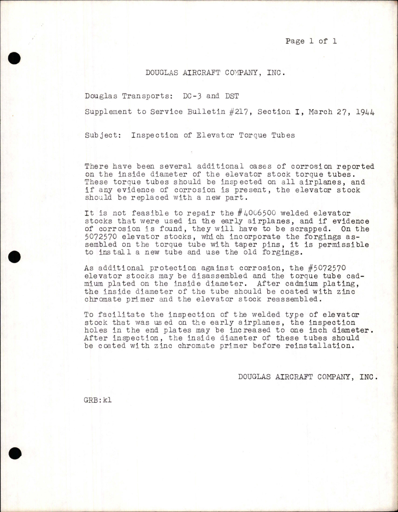 Sample page 1 from AirCorps Library document: Inspection of Elevator Torque Tube