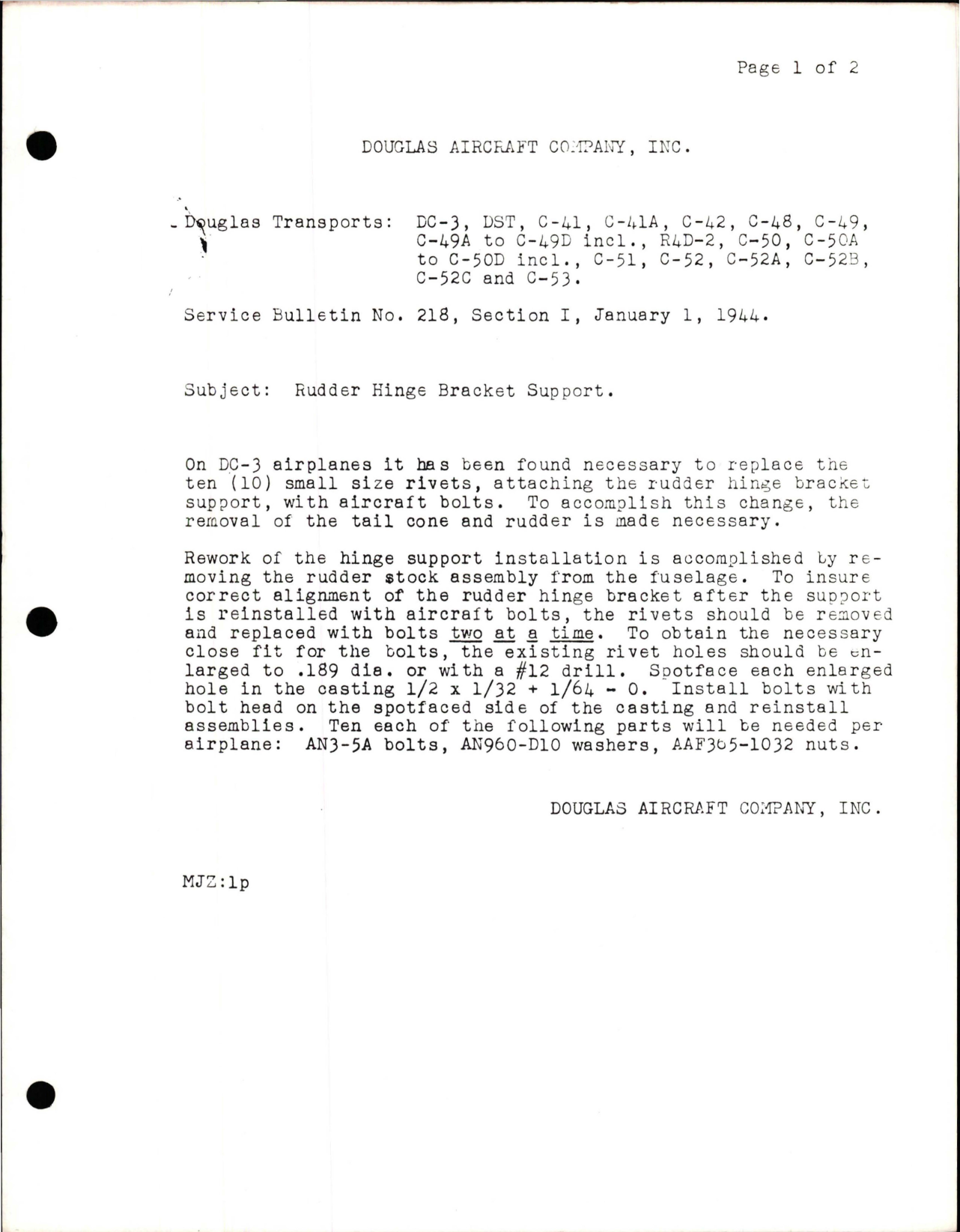 Sample page 1 from AirCorps Library document: Rudder Hinge Bracket Support