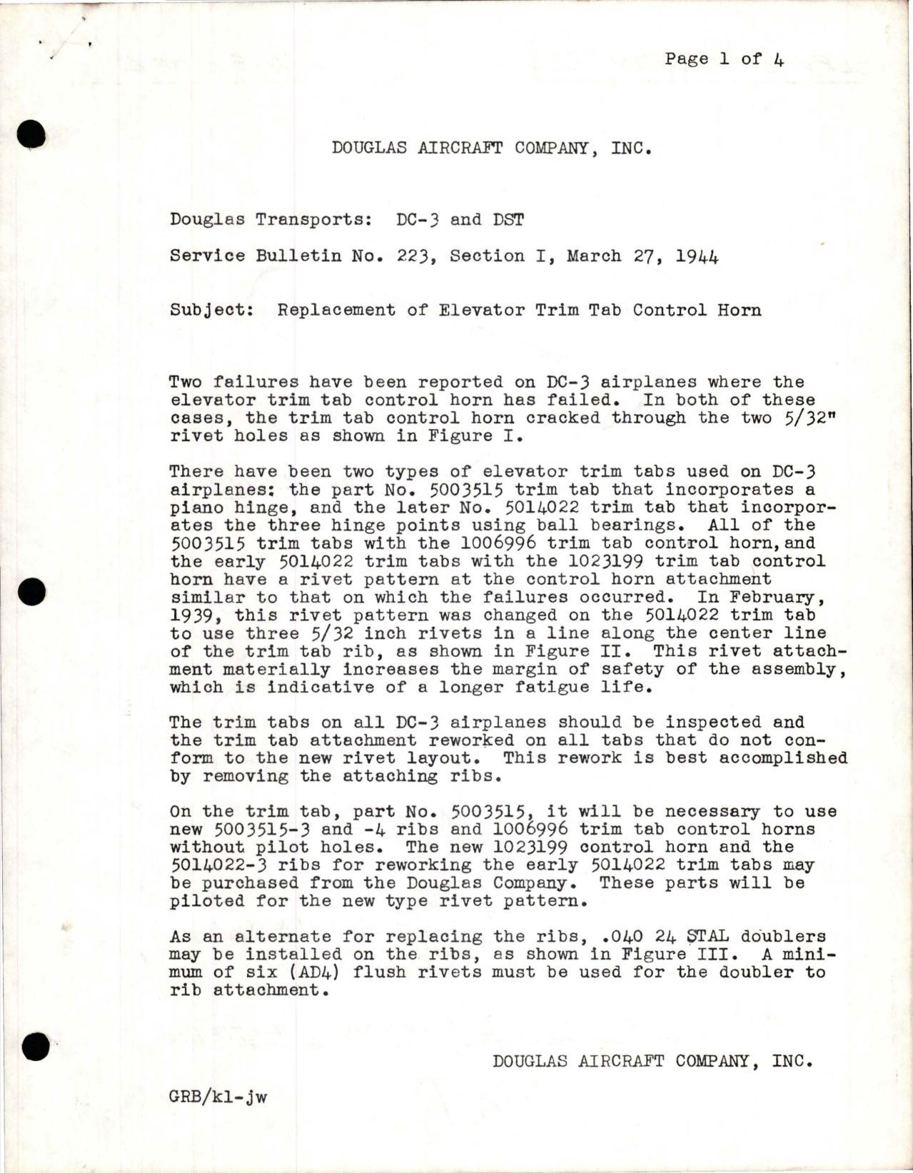 Sample page 1 from AirCorps Library document: Replacement of Elevator Trim Tab Control Horn