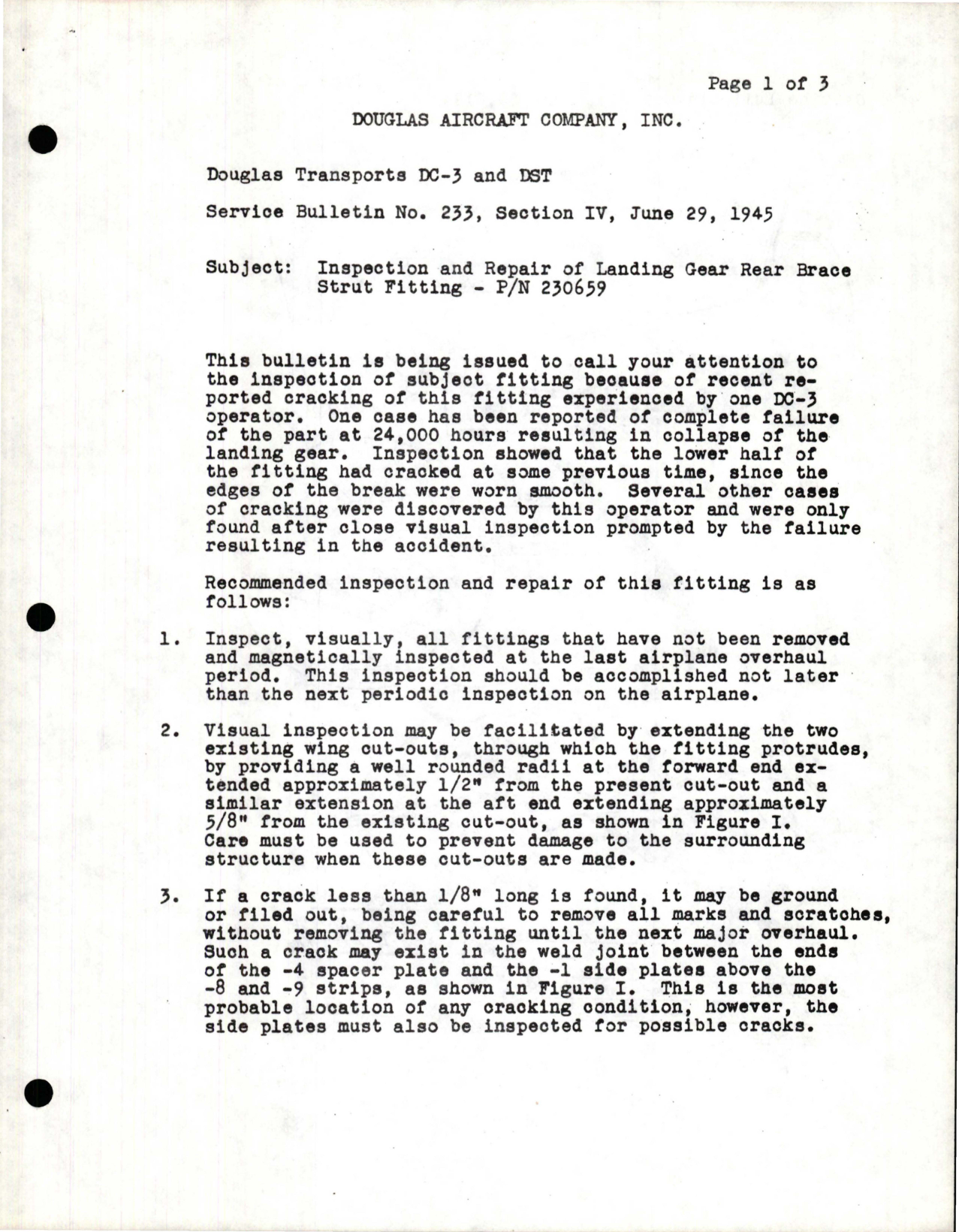 Sample page 1 from AirCorps Library document: Inspection and Repair of Landing Gear Rear Brace Strut Fitting - Part 230659