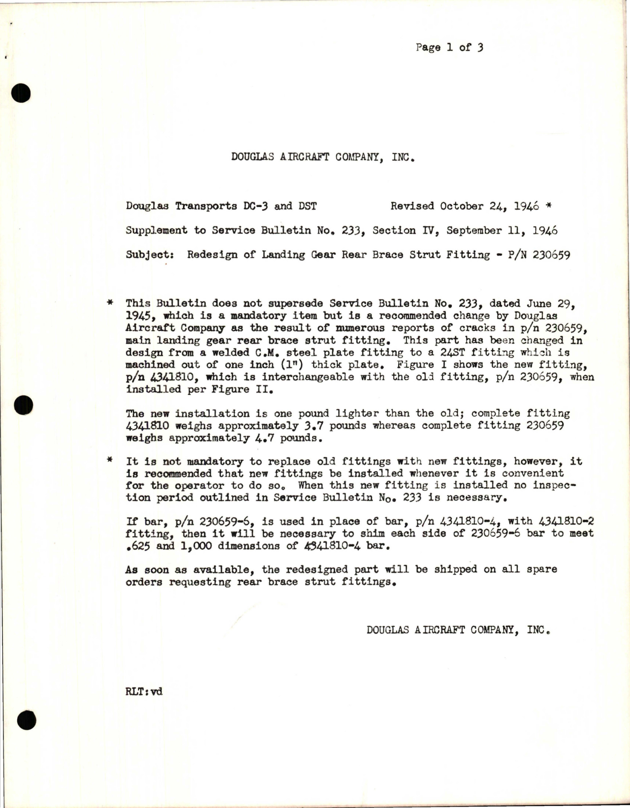 Sample page 1 from AirCorps Library document: Redesign of Landing Gear Rear Brace Strut Fitting - Part 230659