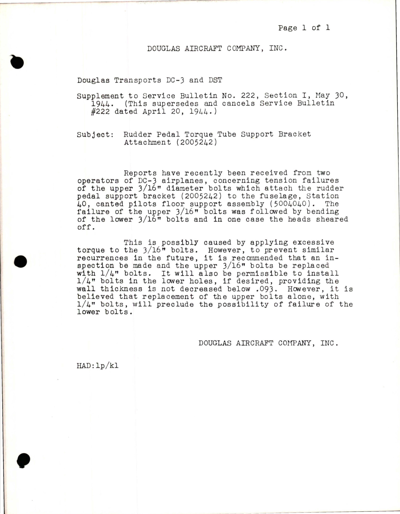 Sample page 1 from AirCorps Library document: Rudder Pedal Torque Tube Support Bracket Attachment (2005242)