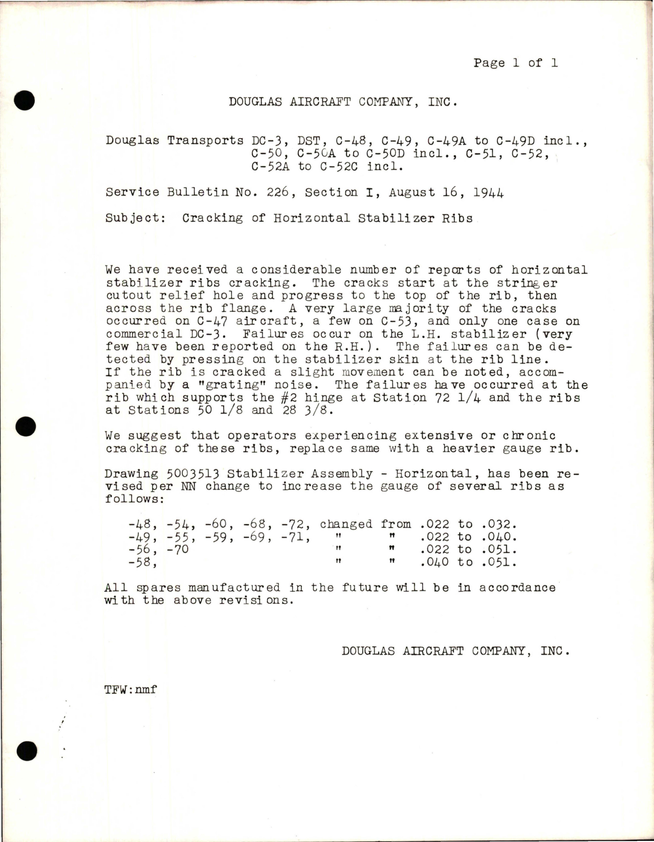 Sample page 1 from AirCorps Library document: Cracking of Horizontal Stabilizer Ribs