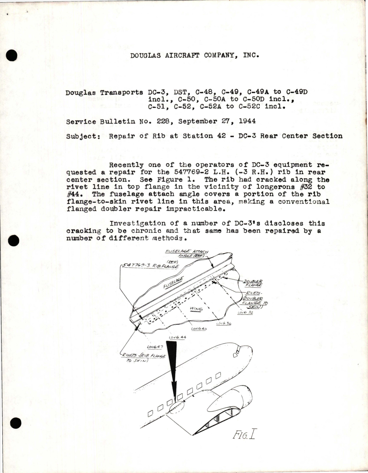 Sample page 1 from AirCorps Library document: Repair of Rib at Station 42 - DC-3 Rear Center Section