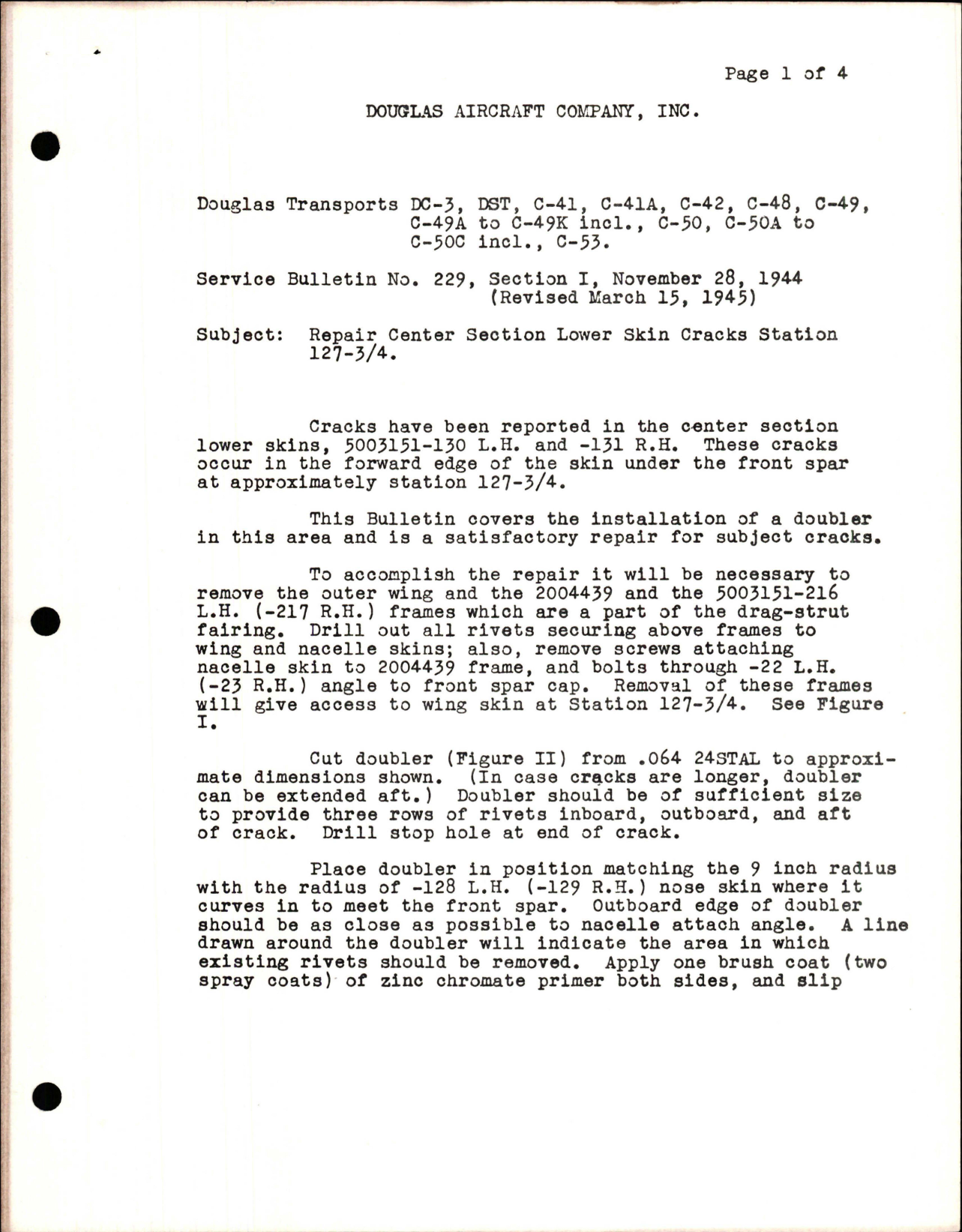 Sample page 1 from AirCorps Library document: Repair Center Section Lower Skin Cracks Station 127-3/4