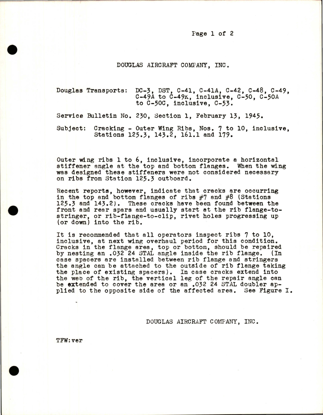 Sample page 1 from AirCorps Library document: Cracking - Outer Wing Ribs, Nos 7 to 10, inclusive, Stations 125.3, 143.2, 161.1 and 179