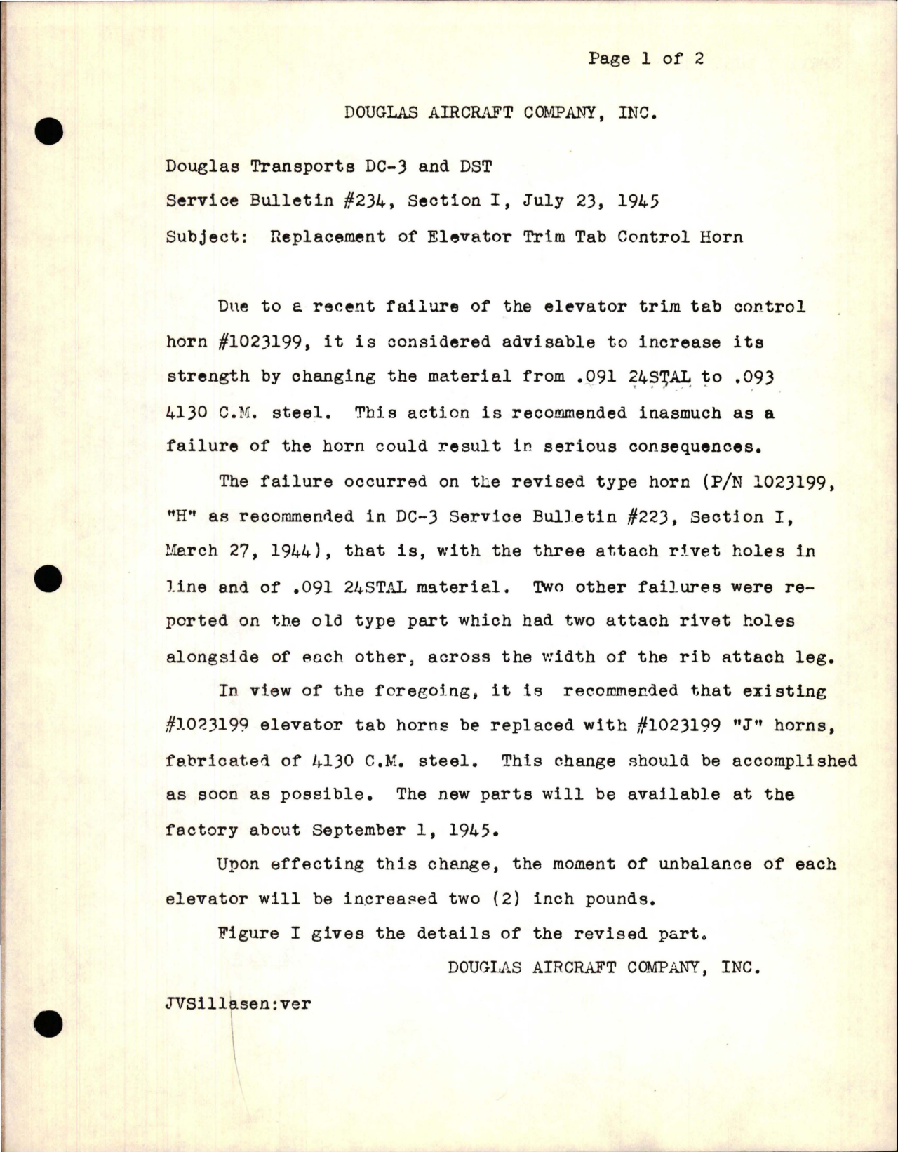 Sample page 1 from AirCorps Library document: Replacement of Elevator Trim Tab Control Horn