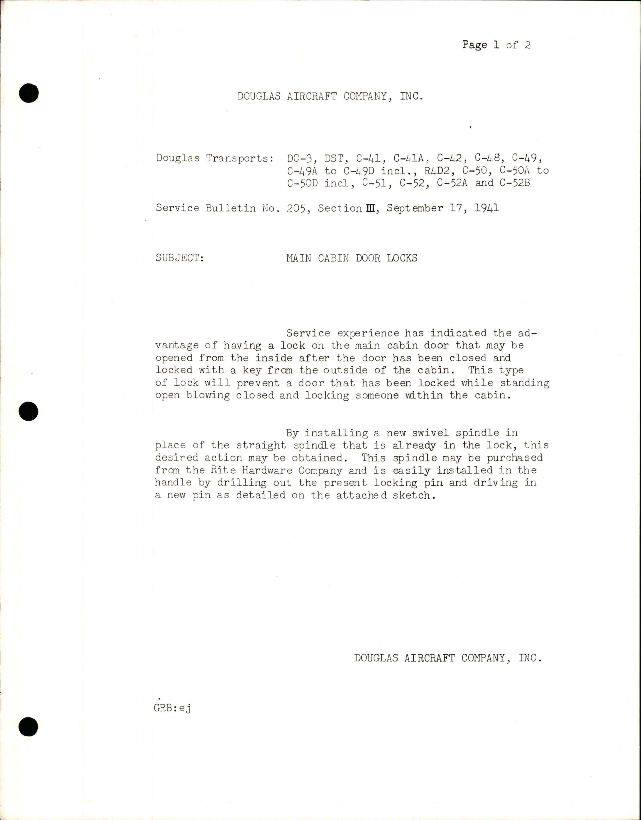 Sample page 1 from AirCorps Library document: Main Cabin Door Locks