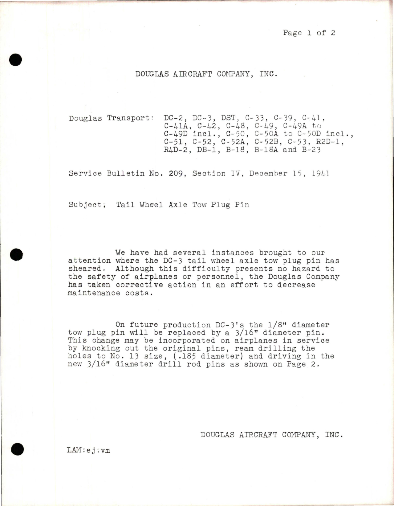 Sample page 1 from AirCorps Library document: Tail Wheel Axle Tow Plug Pin