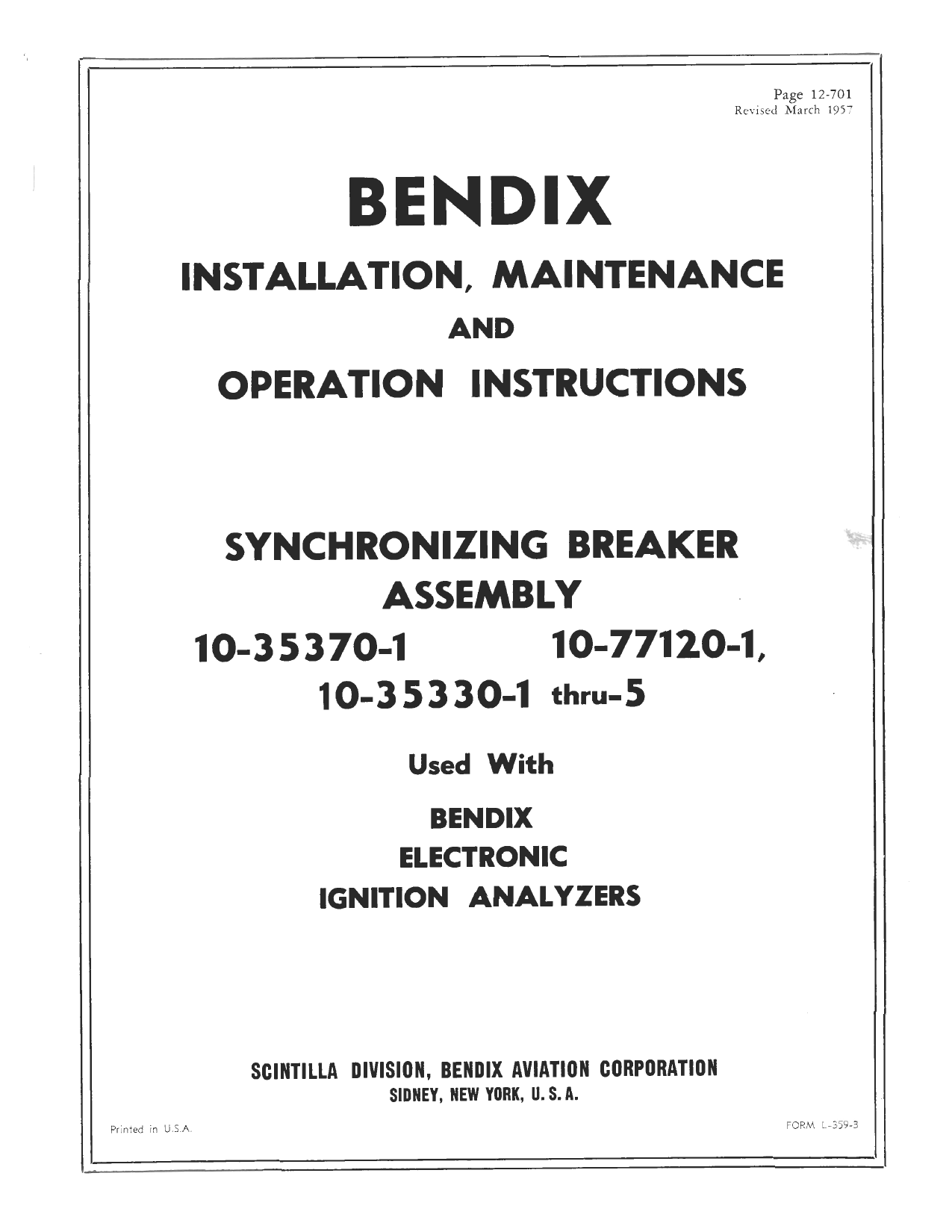 Sample page 1 from AirCorps Library document: Installation, Maintenance and Operation Instructions for Synchronizing Breaker Assembly - 10-35370-1, 10-77120-1, 10-35330-1 thru -5 