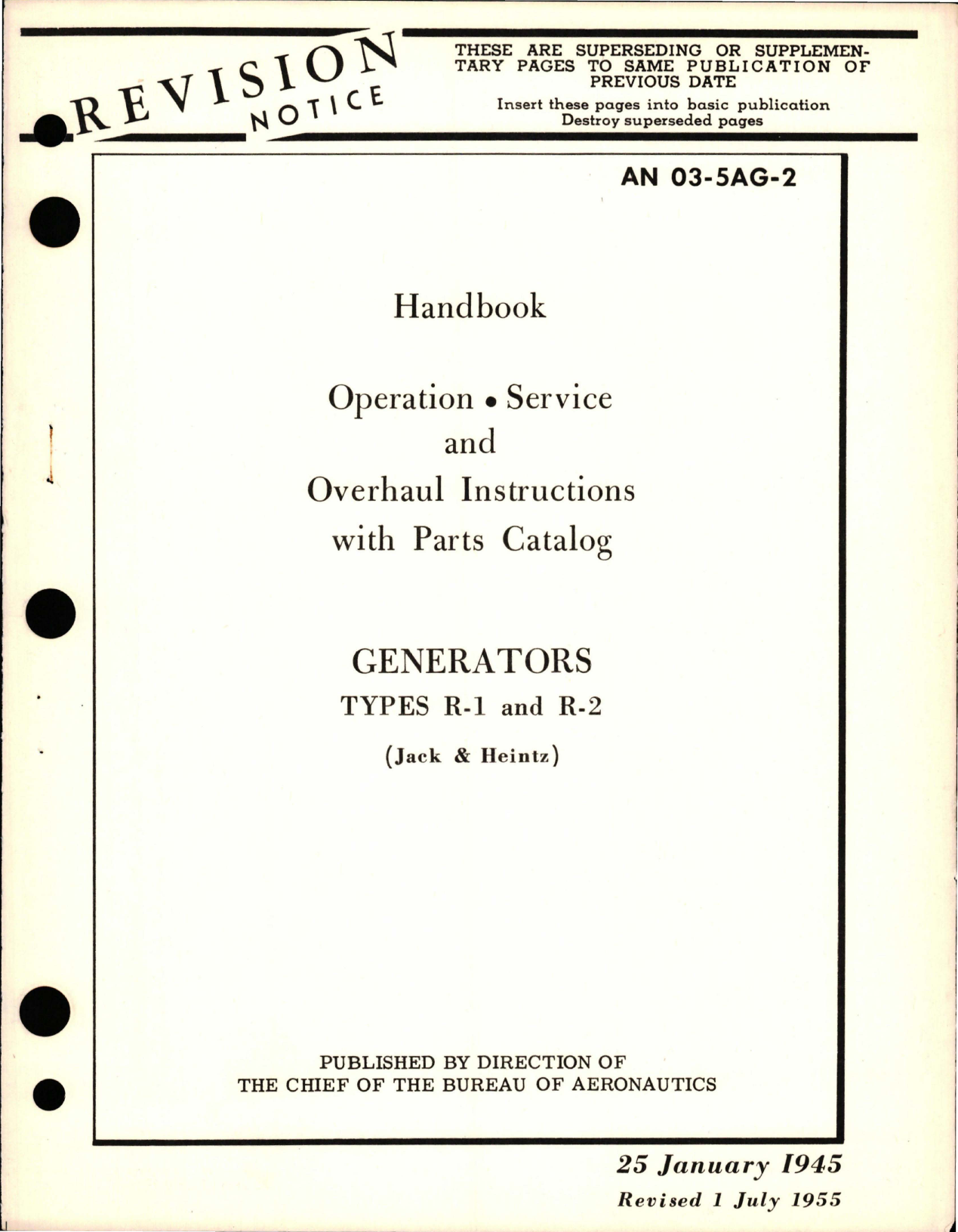 Sample page 1 from AirCorps Library document: Operation, Service, and Overhaul Instructions with Parts Catalog for Generators - Types R-1 and R-2