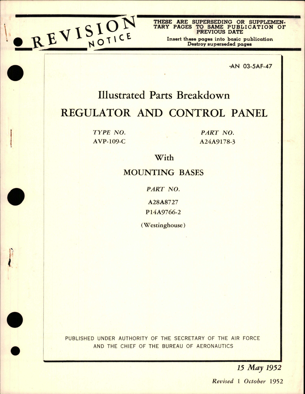 Sample page 1 from AirCorps Library document: Illustrated Parts Breakdown for Regulator & Control Panel - Type AVP-109-C - Part A24A9178-3, Mounting Bases - Parts A28A8727 - P14A9766-2 