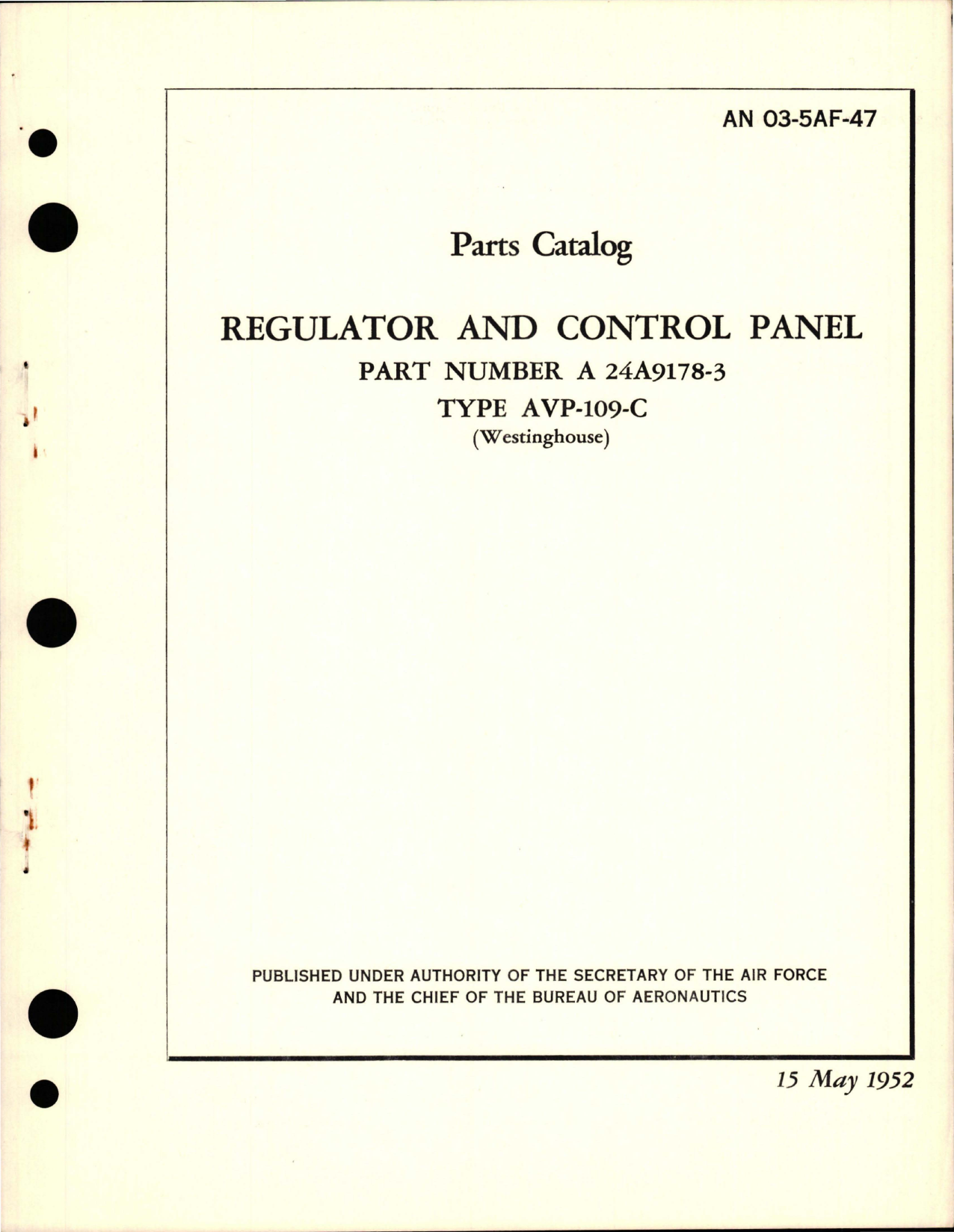 Sample page 1 from AirCorps Library document: Parts Catalog for Regulator & Control Panel - Parts A 24A9178-3 - Type AVP-109-C 