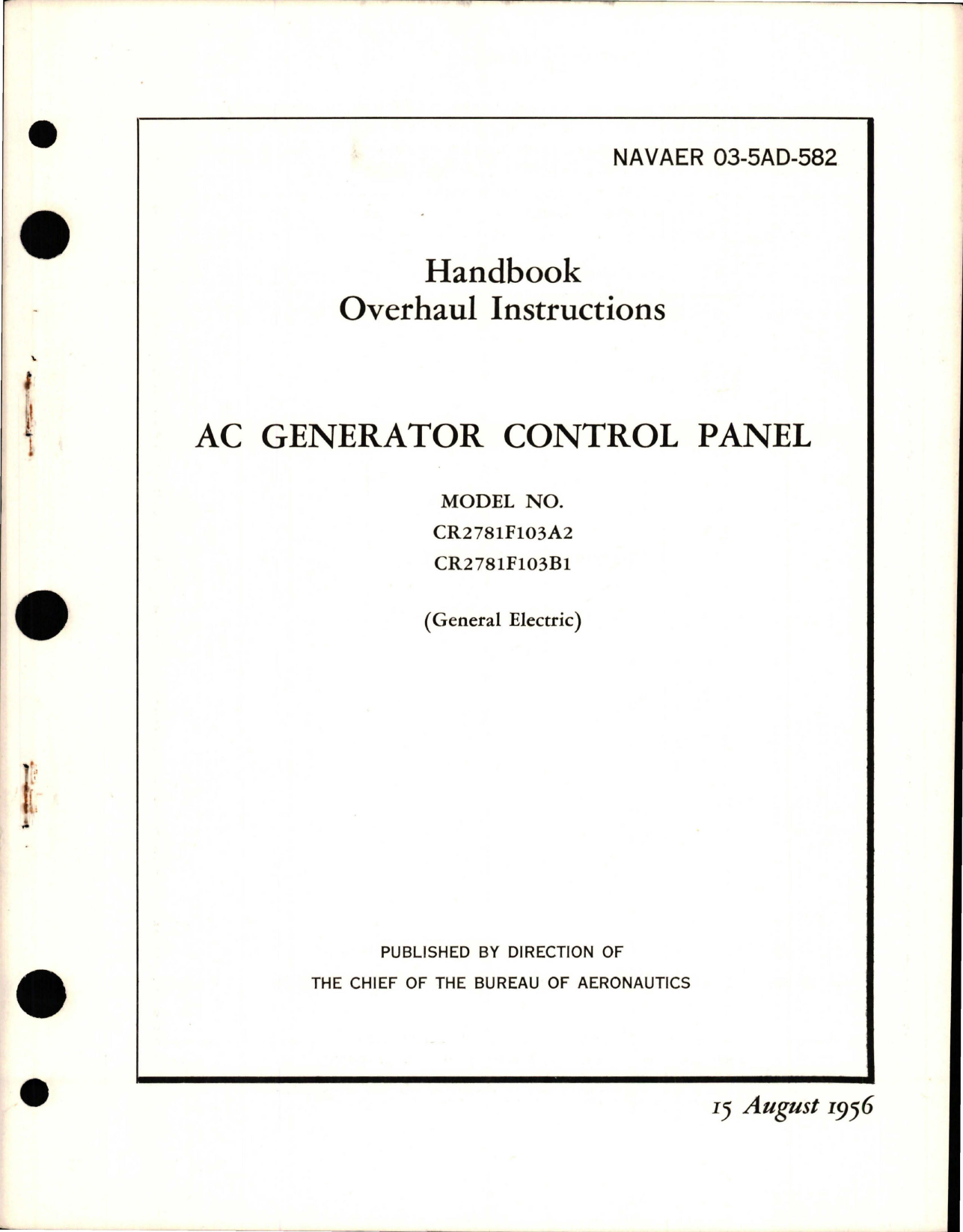 Sample page 1 from AirCorps Library document: Overhaul Instructions for AC Generator Control Panel - Model CR2781F103A2 and CR2781F103B1