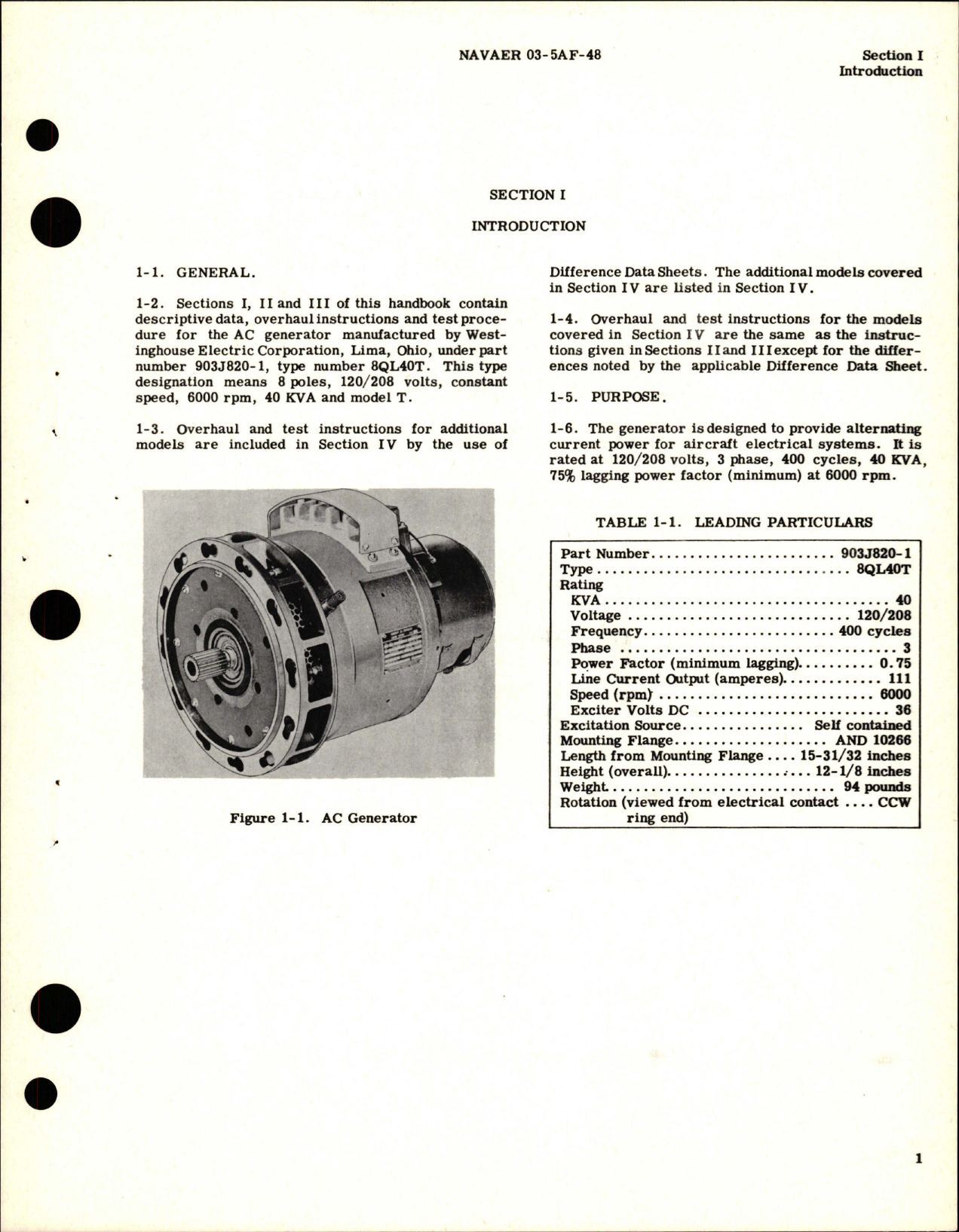 Sample page 5 from AirCorps Library document: Operation, Service and Overhaul Instructions for AC Generator - Parts 903J820-1 and A50J207-2 