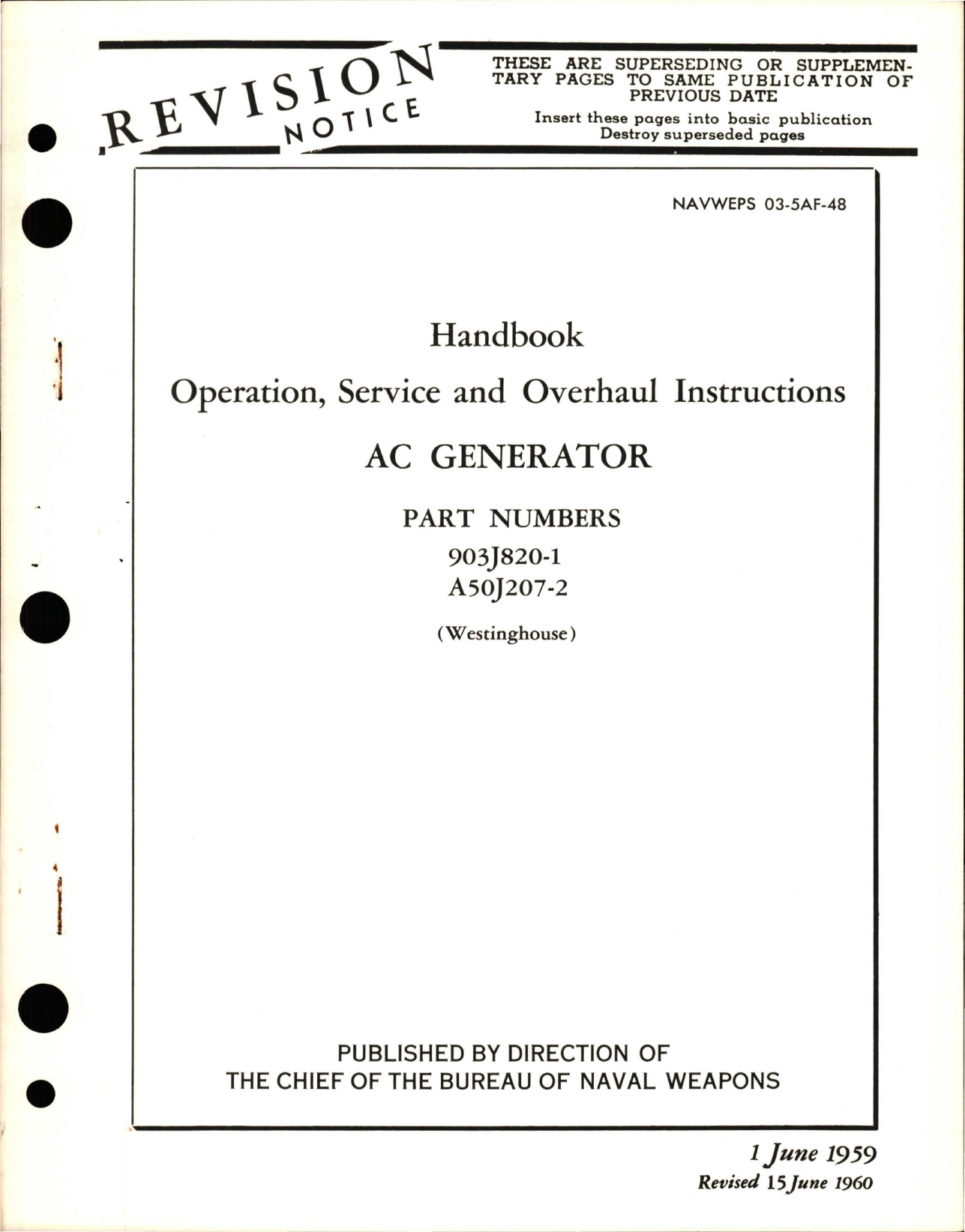 Sample page 1 from AirCorps Library document: Operation, Service and Overhaul Instructions for AC Generator - Parts 903J820-1 and A50J207-2 