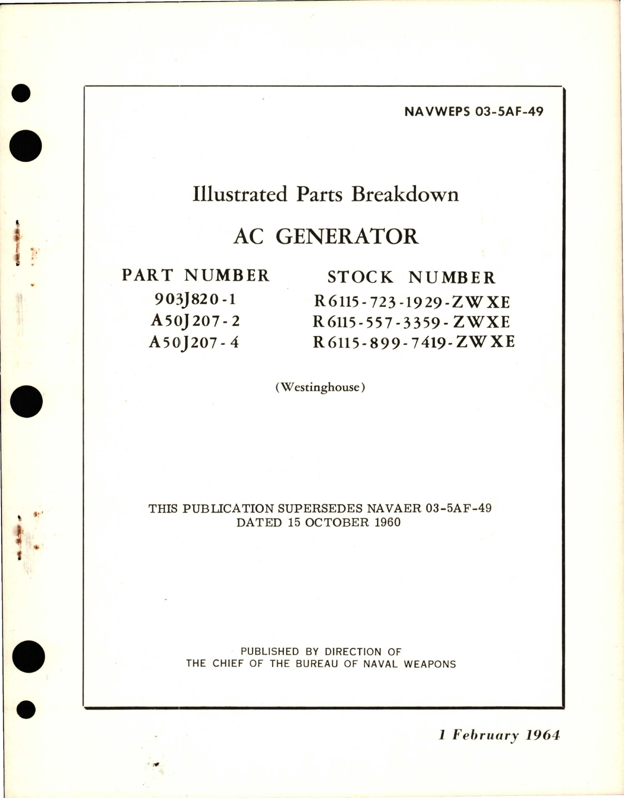 Sample page 1 from AirCorps Library document: Illustrated Parts Breakdown for AC Generator - Parts 903J820-1, A50J207-2 and A50J207-4