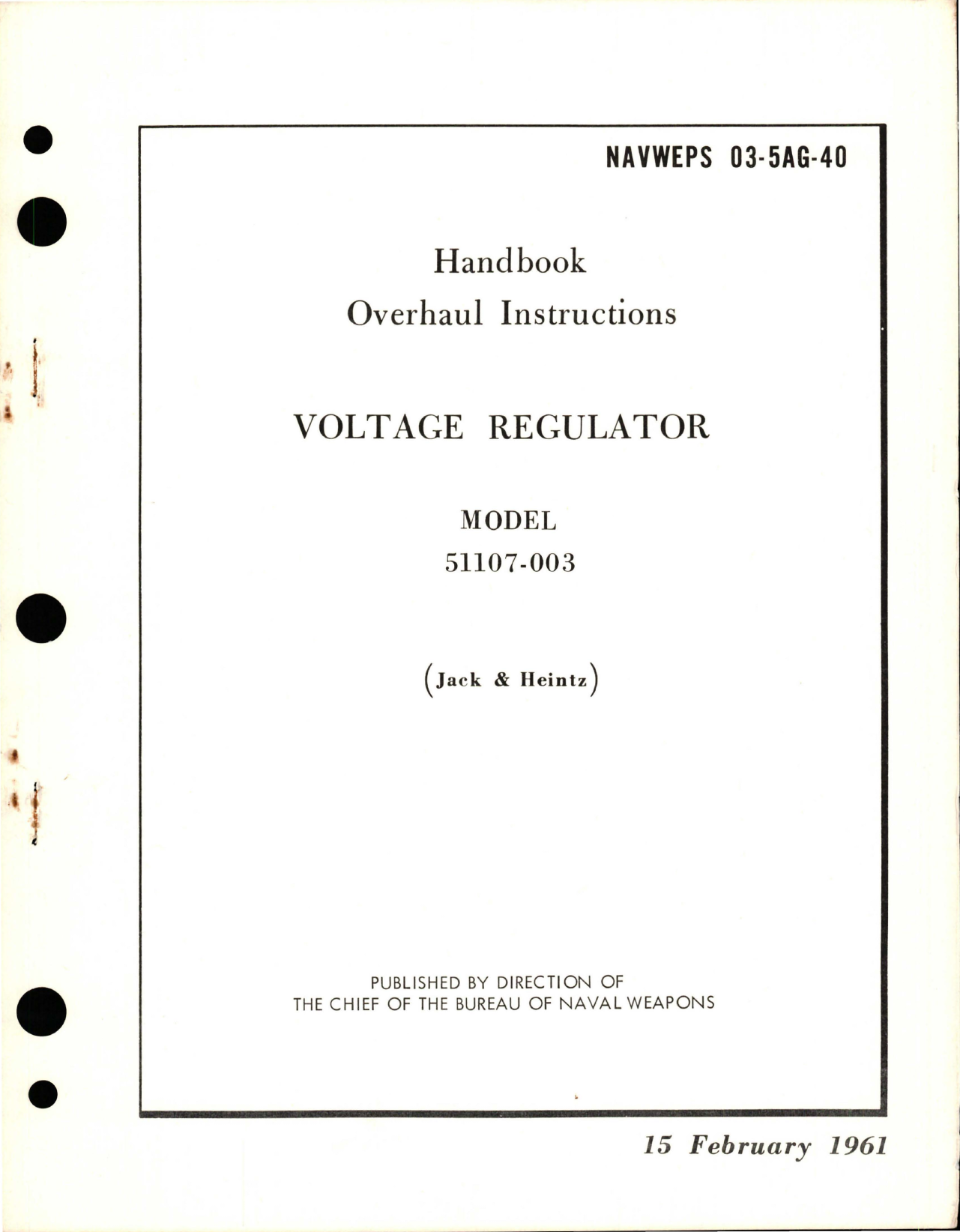 Sample page 1 from AirCorps Library document: Overhaul Instructions for Voltage Regulator - Model 51107-003