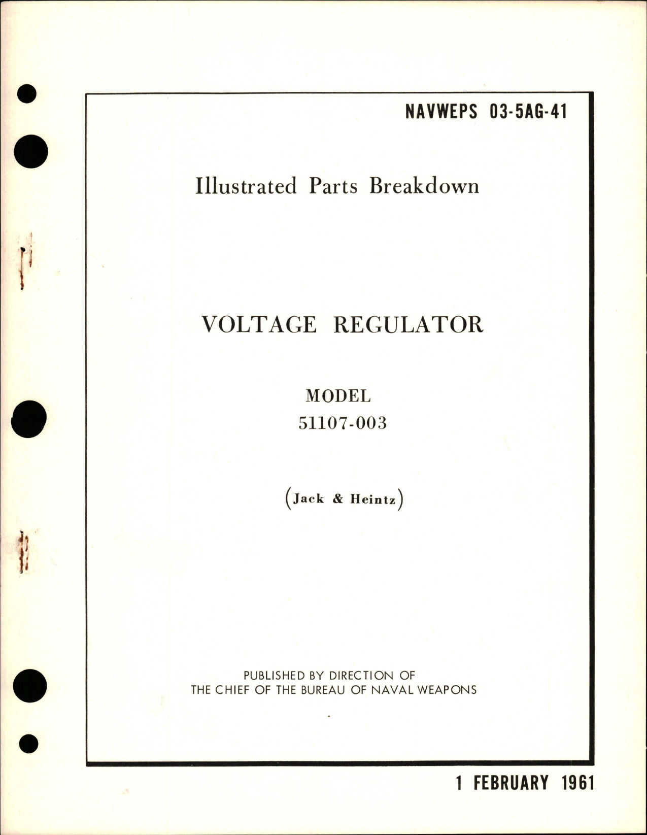 Sample page 1 from AirCorps Library document: Illustrated Parts Breakdown for Voltage Regulator - Model 51107-003 