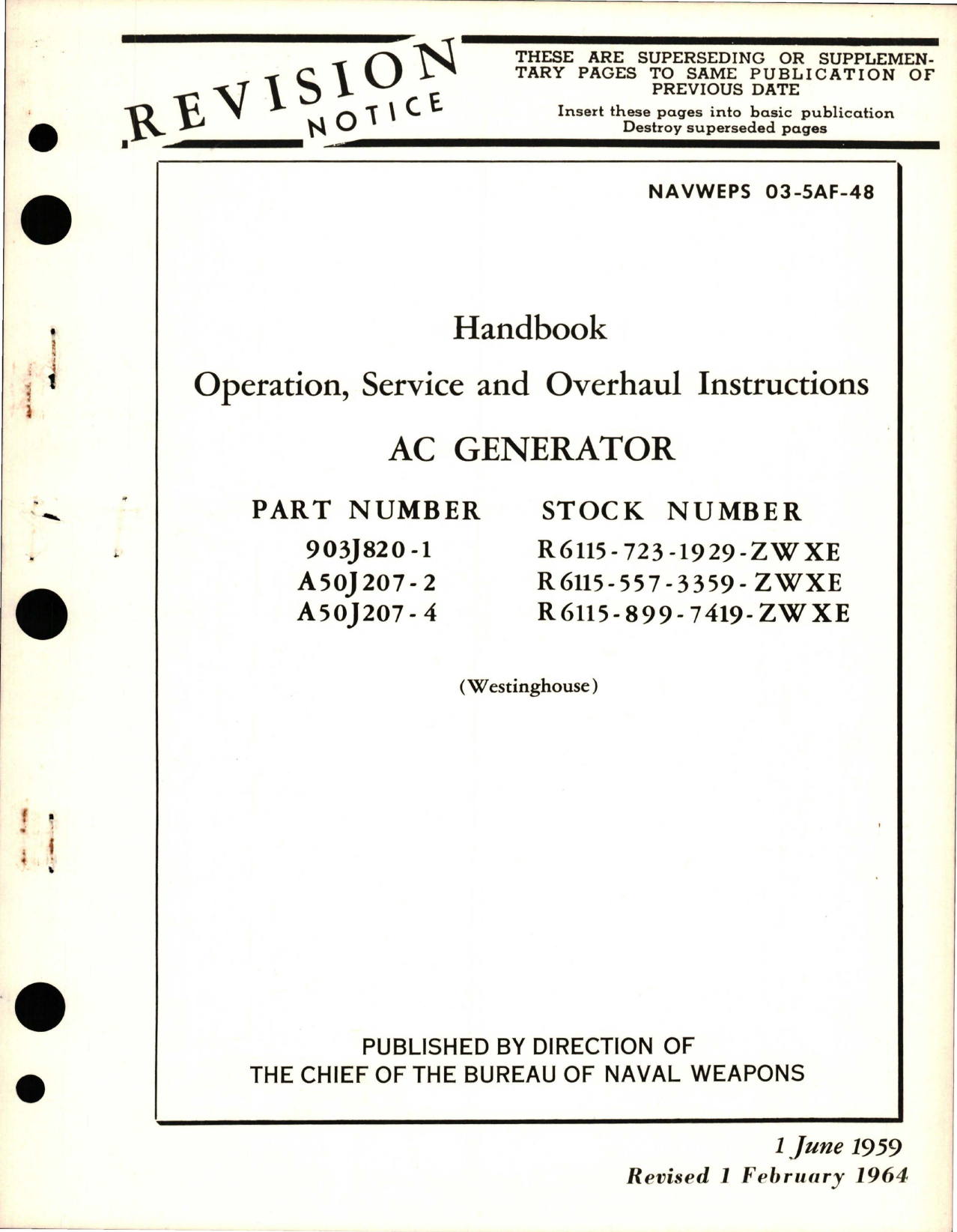 Sample page 1 from AirCorps Library document: Operation, Service and Overhaul Instructions for AC Generator - Parts 903J820-1, A50J207-2, and A50J207-4