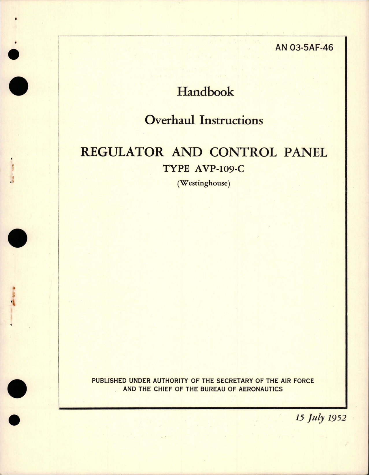 Sample page 1 from AirCorps Library document: Overhaul Instructions for Regulator and Control Panel - Type AVP-109-C 