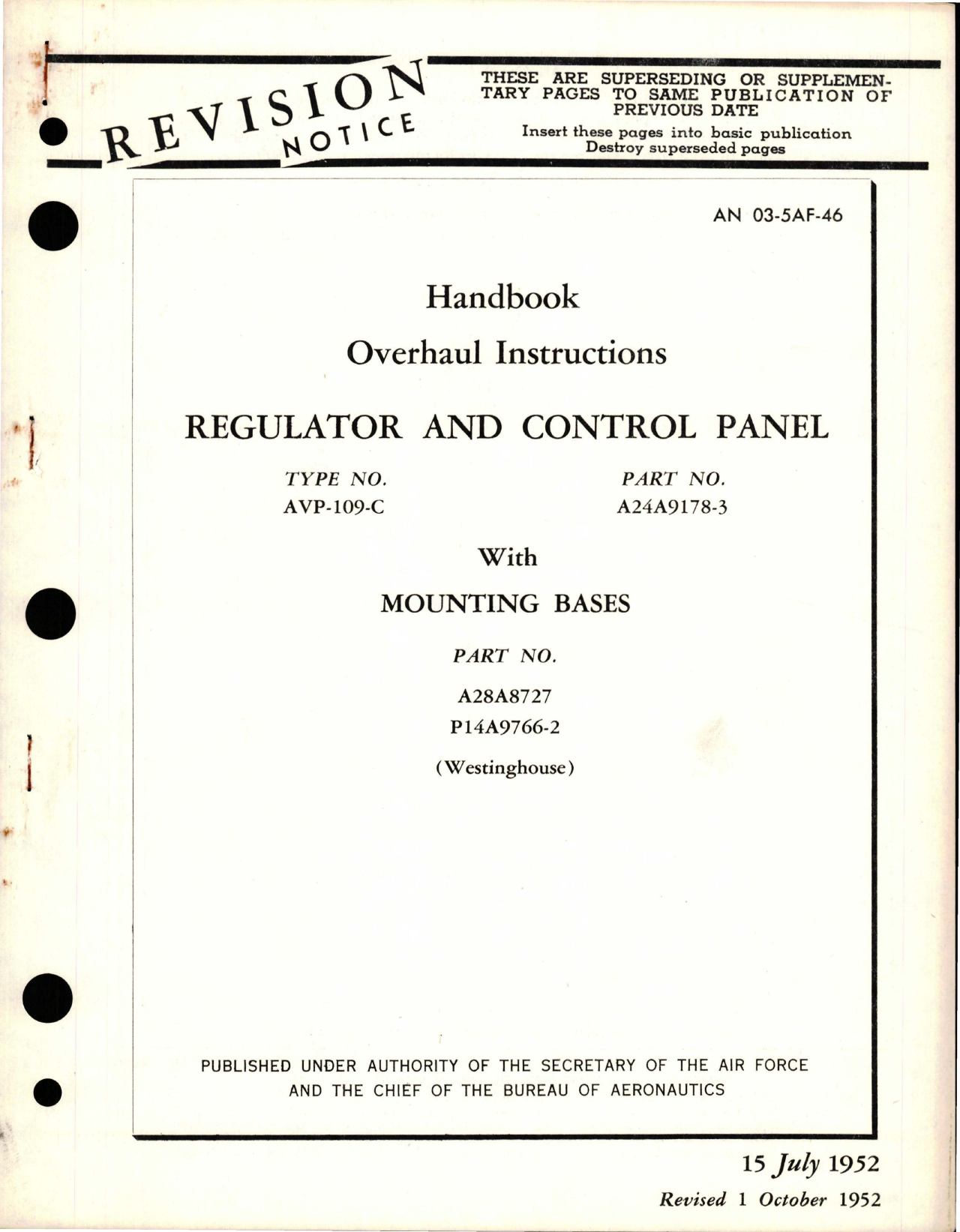 Sample page 1 from AirCorps Library document: Overhaul Instructions for Regulator and Control Panel with Mounting Bases - Type AVP-109-C